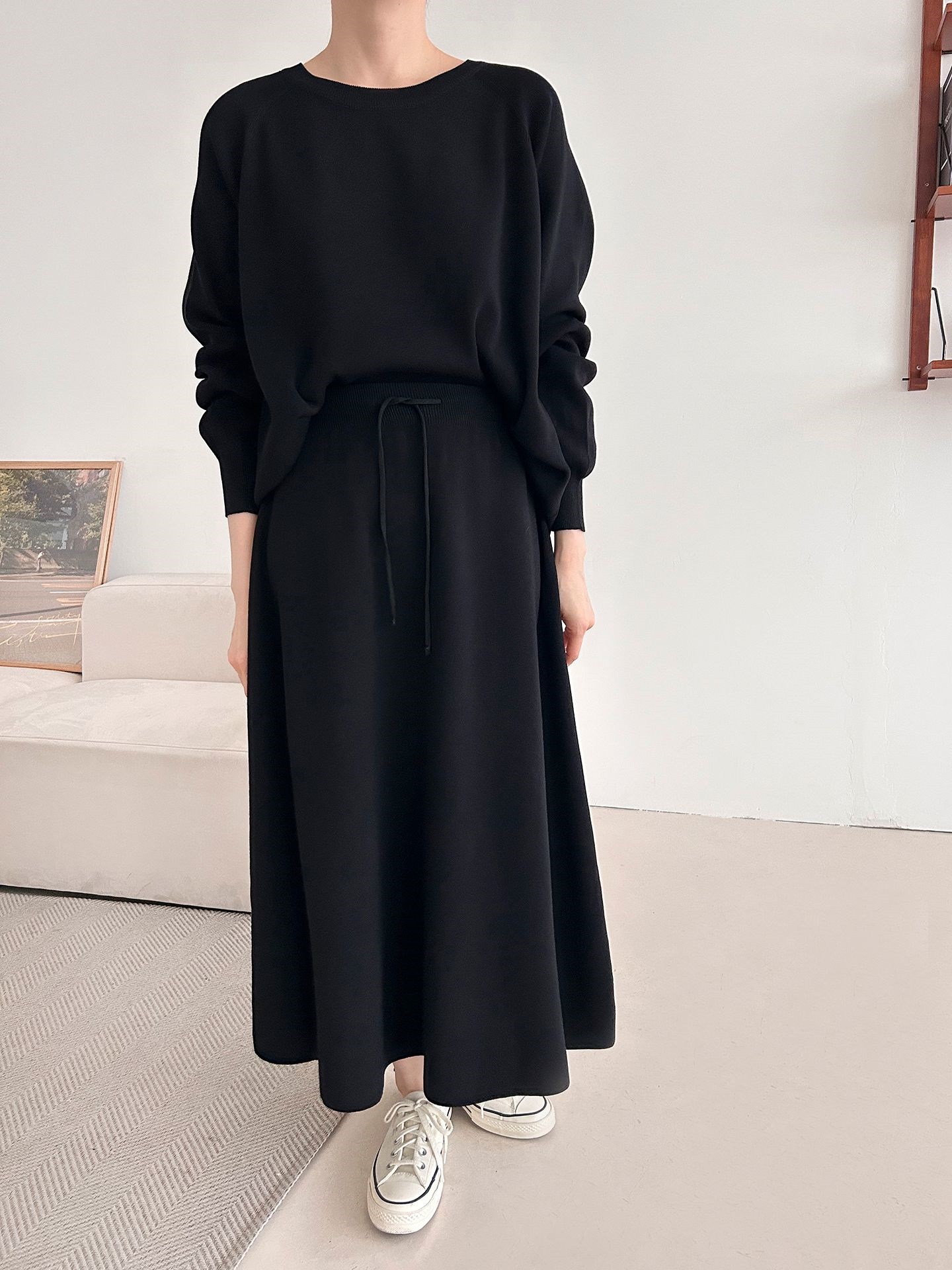 ラウンドネックウエストゴムラグランロングルーズセットアップスカートニット | 詳細画像19