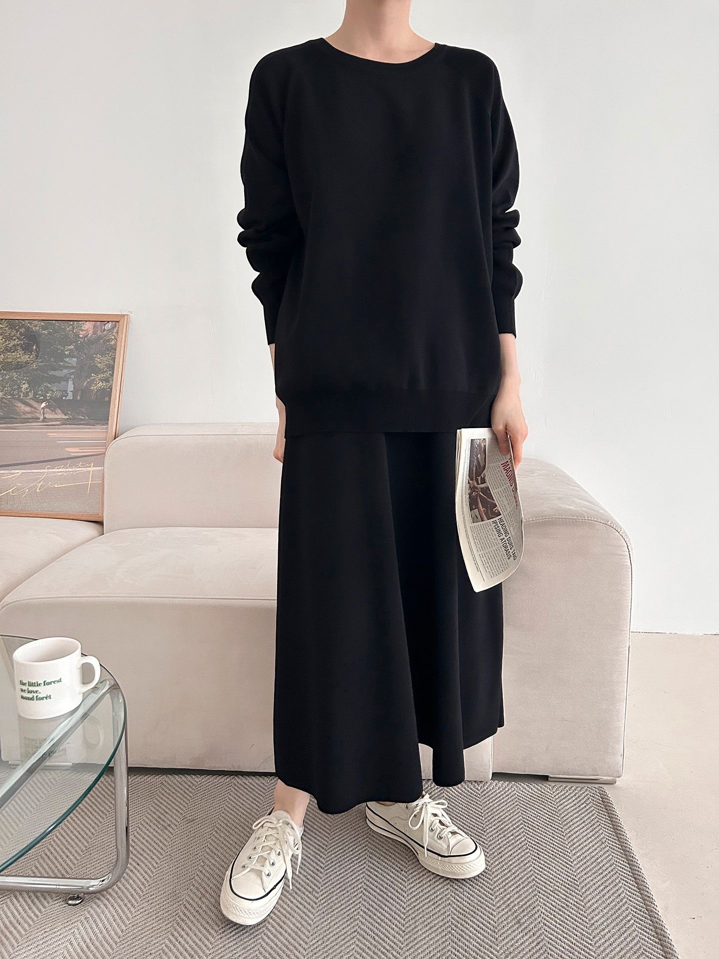 ラウンドネックウエストゴムラグランロングルーズセットアップスカートニット | 詳細画像23