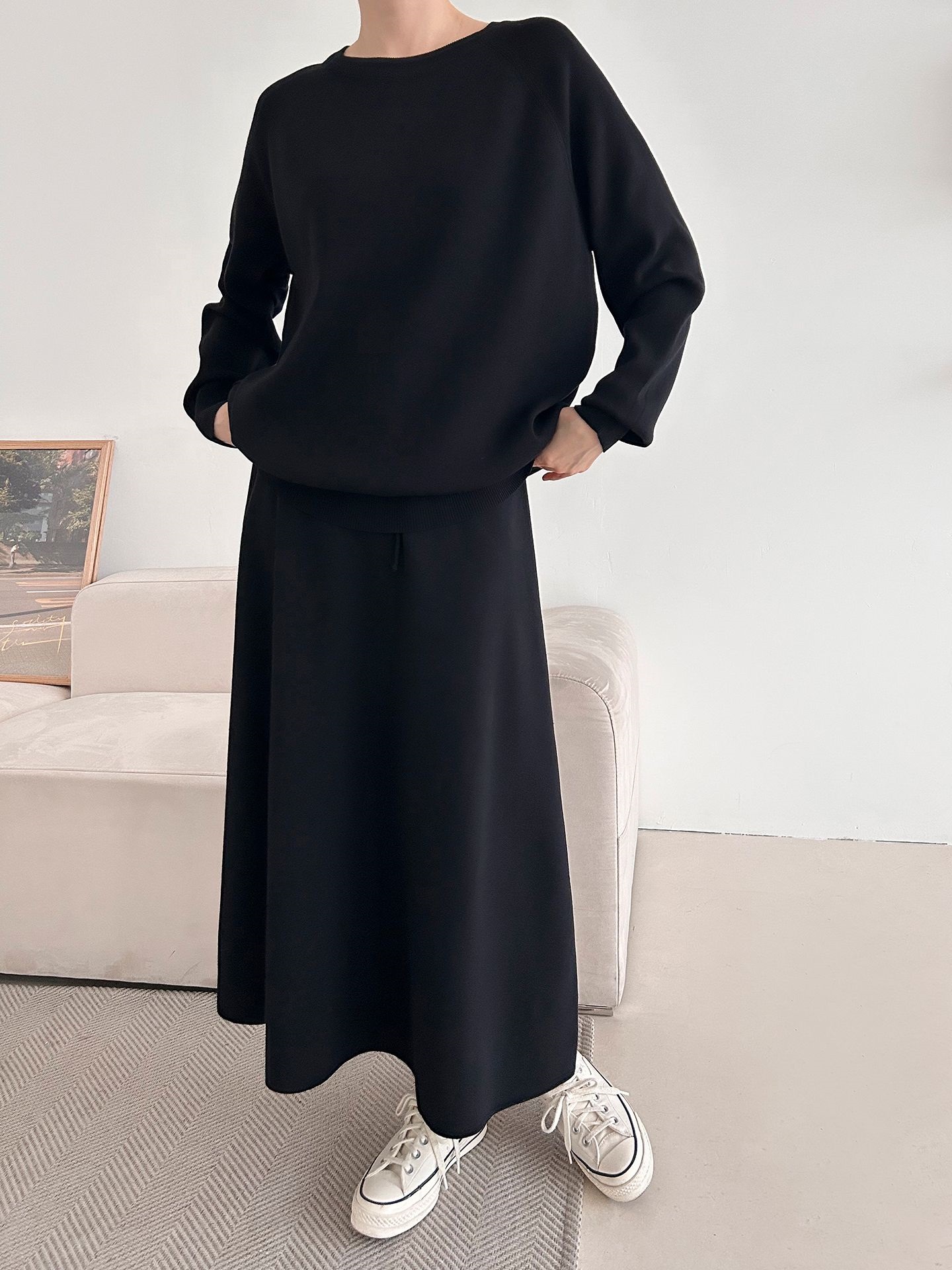 ラウンドネックウエストゴムラグランロングルーズセットアップスカートニット | 詳細画像25