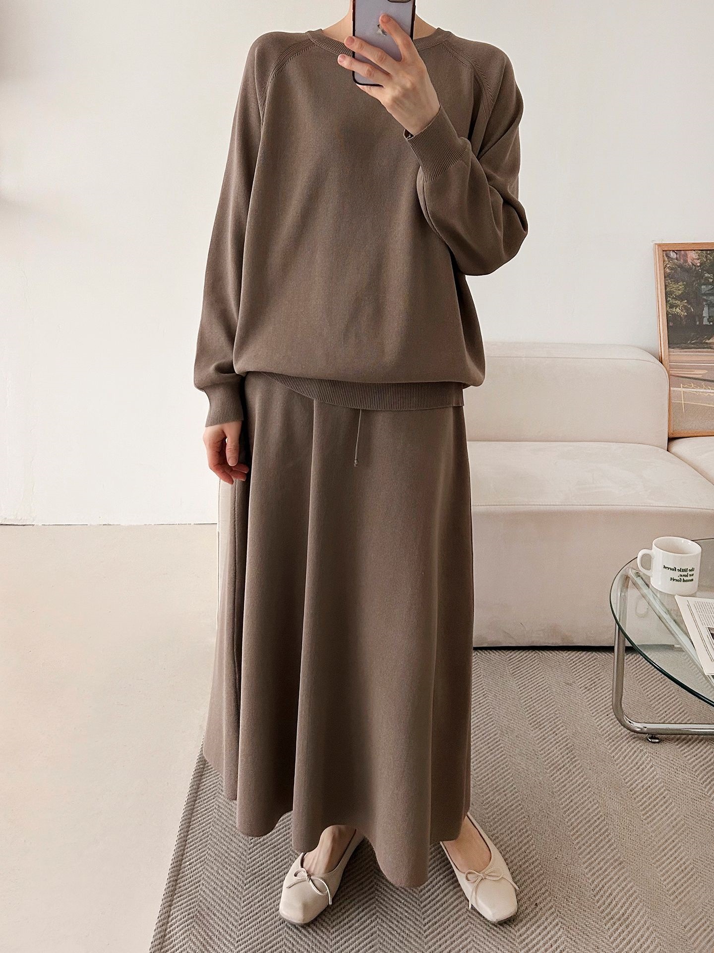 ラウンドネックウエストゴムラグランロングルーズセットアップスカートニット | 詳細画像30