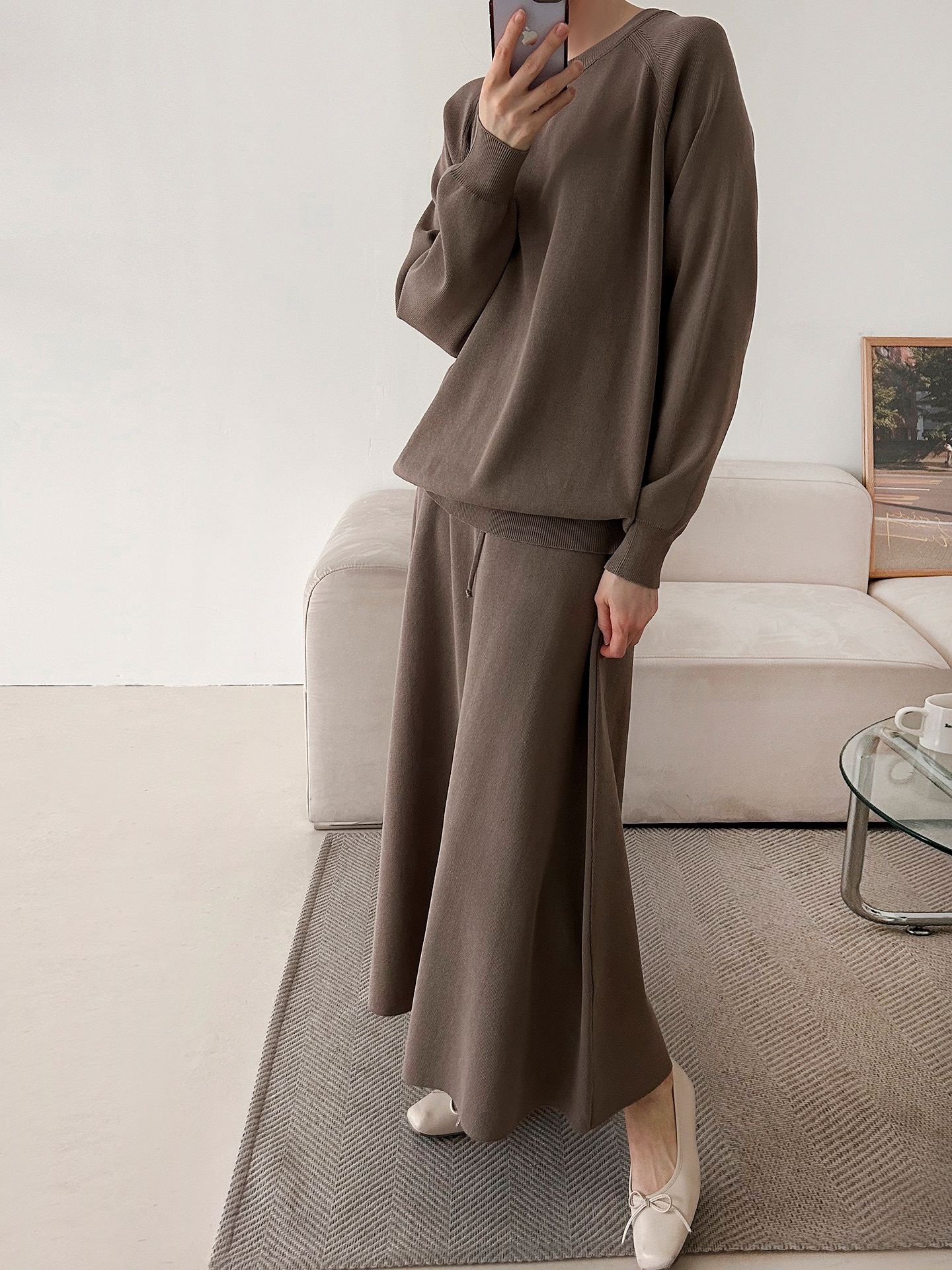 ラウンドネックウエストゴムラグランロングルーズセットアップスカートニット | 詳細画像31