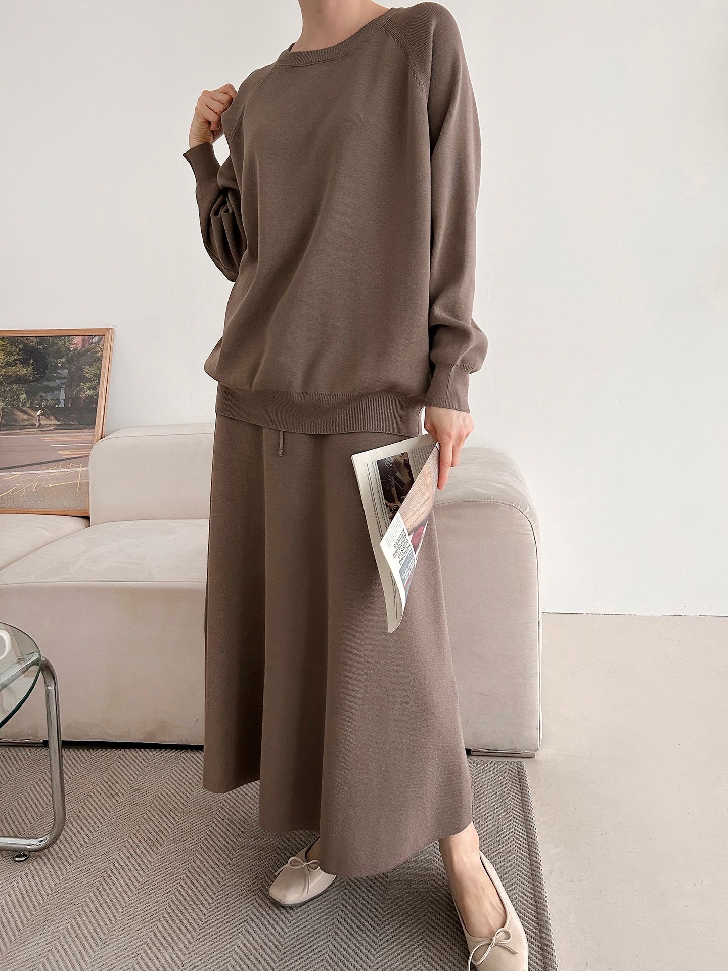 ラウンドネックウエストゴムラグランロングルーズセットアップスカートニット | 詳細画像33