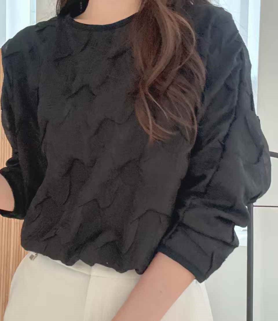 ラウンドネックウエストゴム長袖エンボスブラウス | 詳細画像3