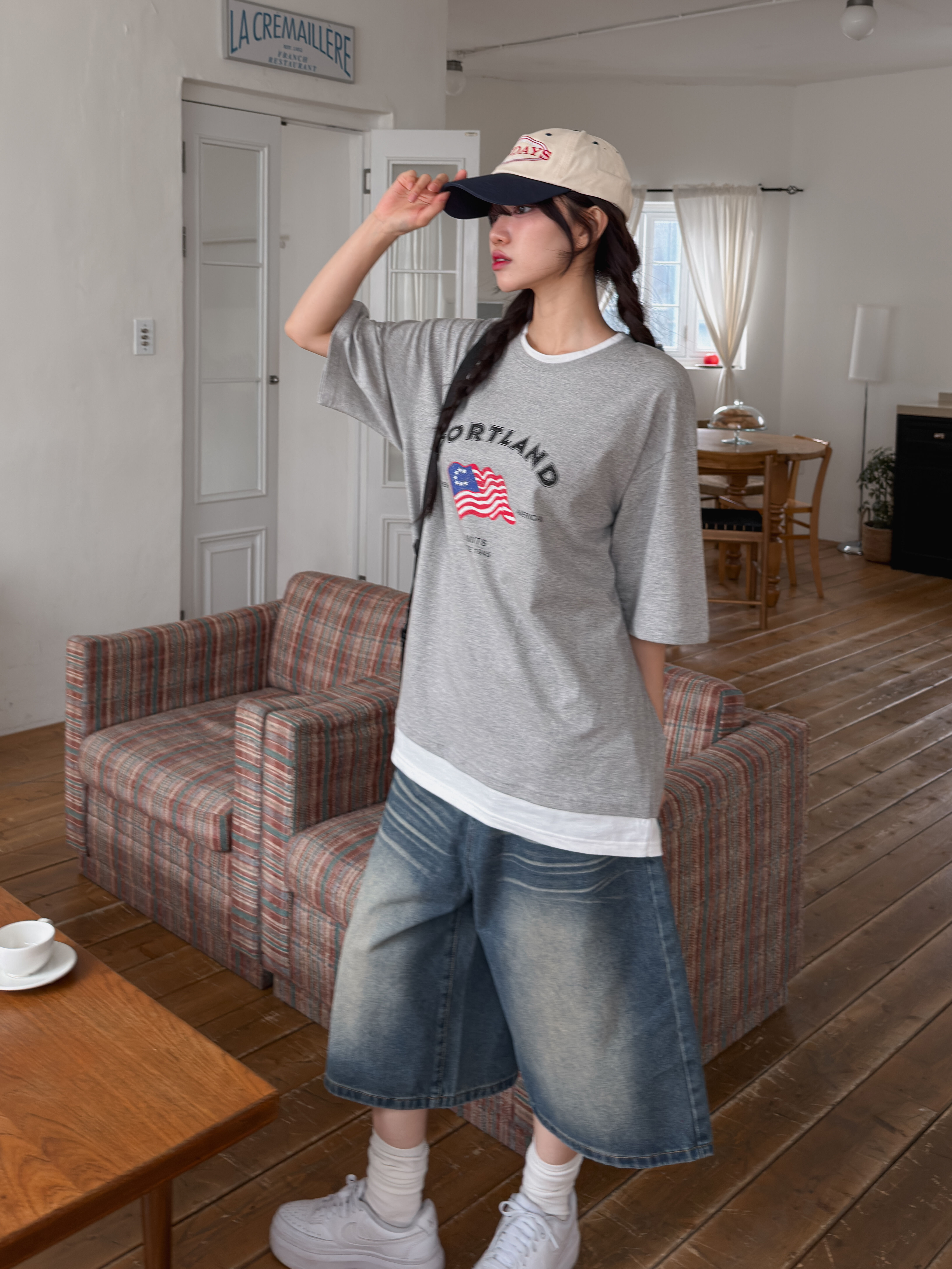 コットンラウンドネックボクシーレイヤード風半袖プリントTシャツ | 詳細画像8