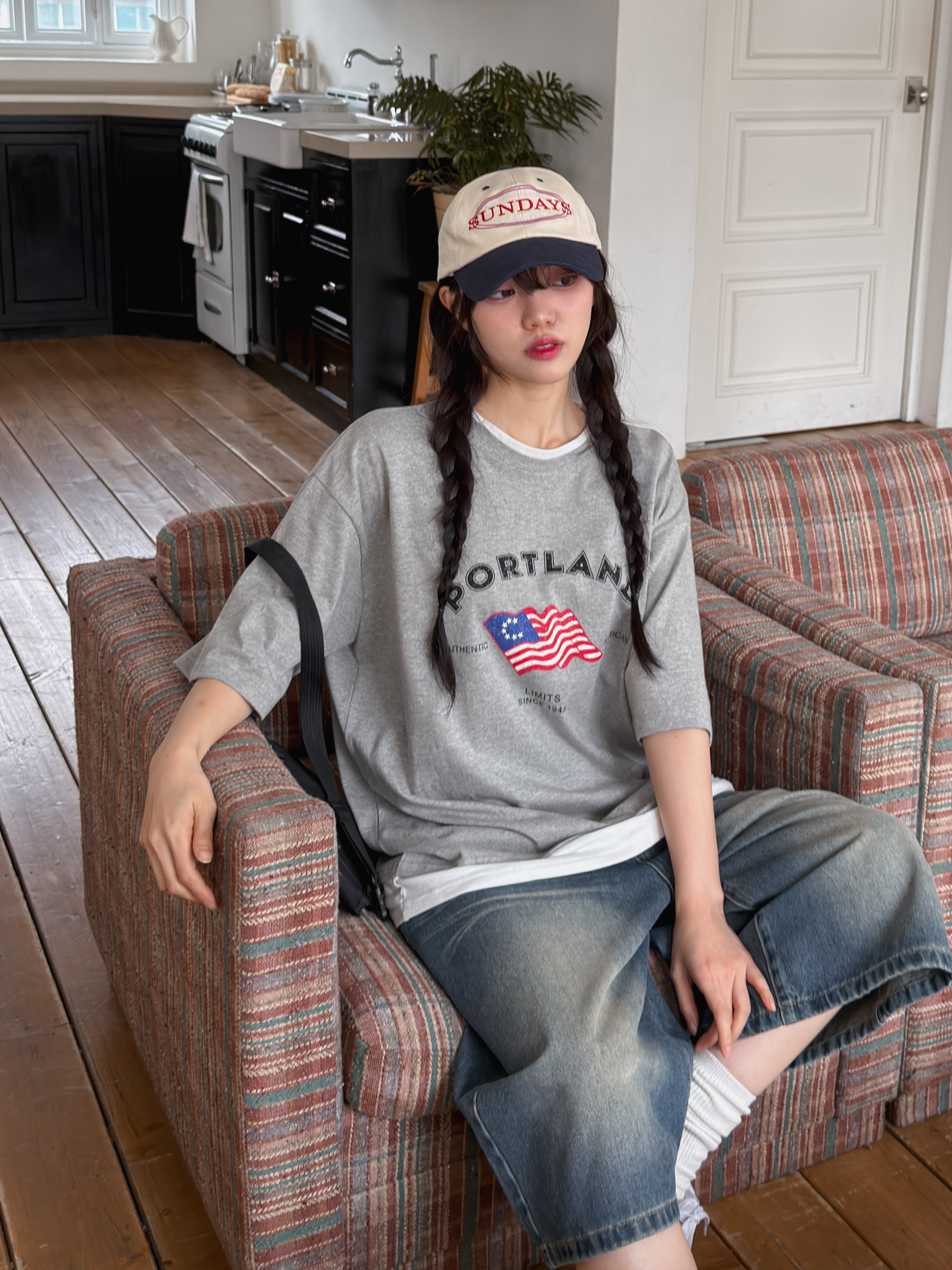 コットンラウンドネックボクシーレイヤード風半袖プリントTシャツ | 詳細画像4