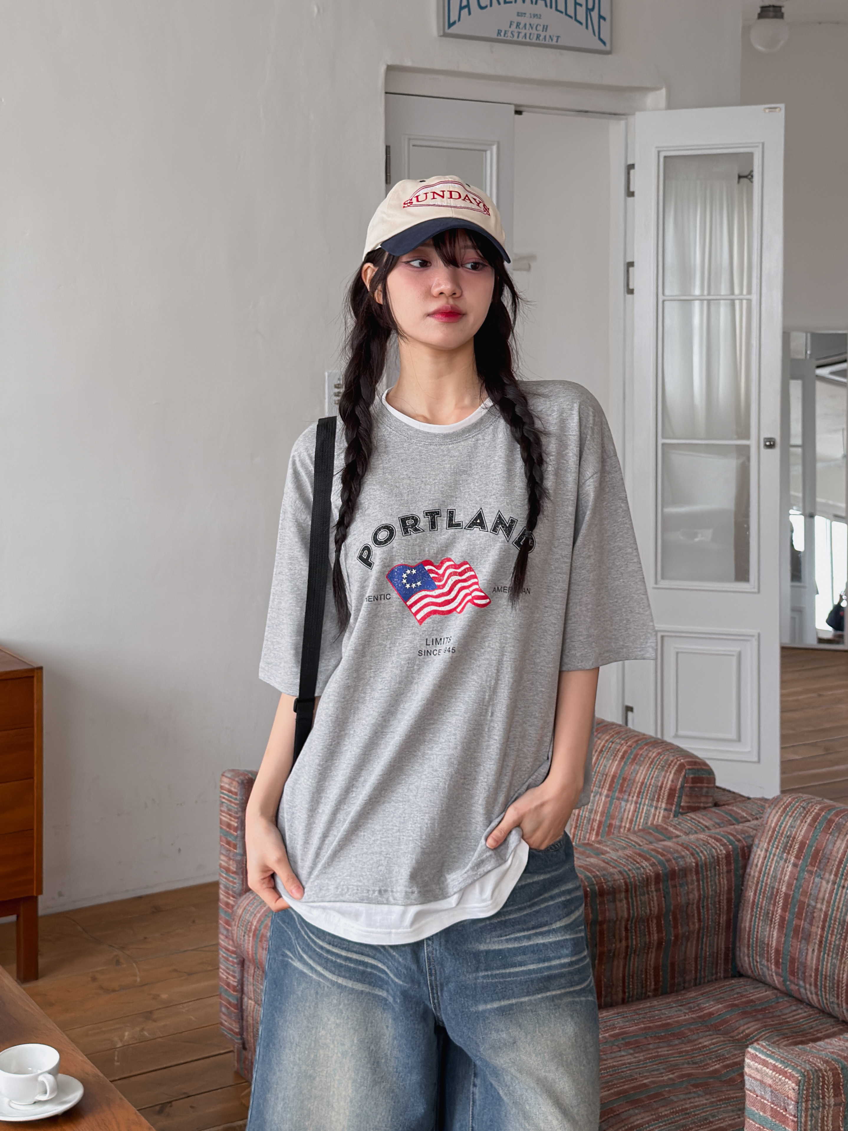 コットンラウンドネックボクシーレイヤード風半袖プリントTシャツ | 詳細画像2