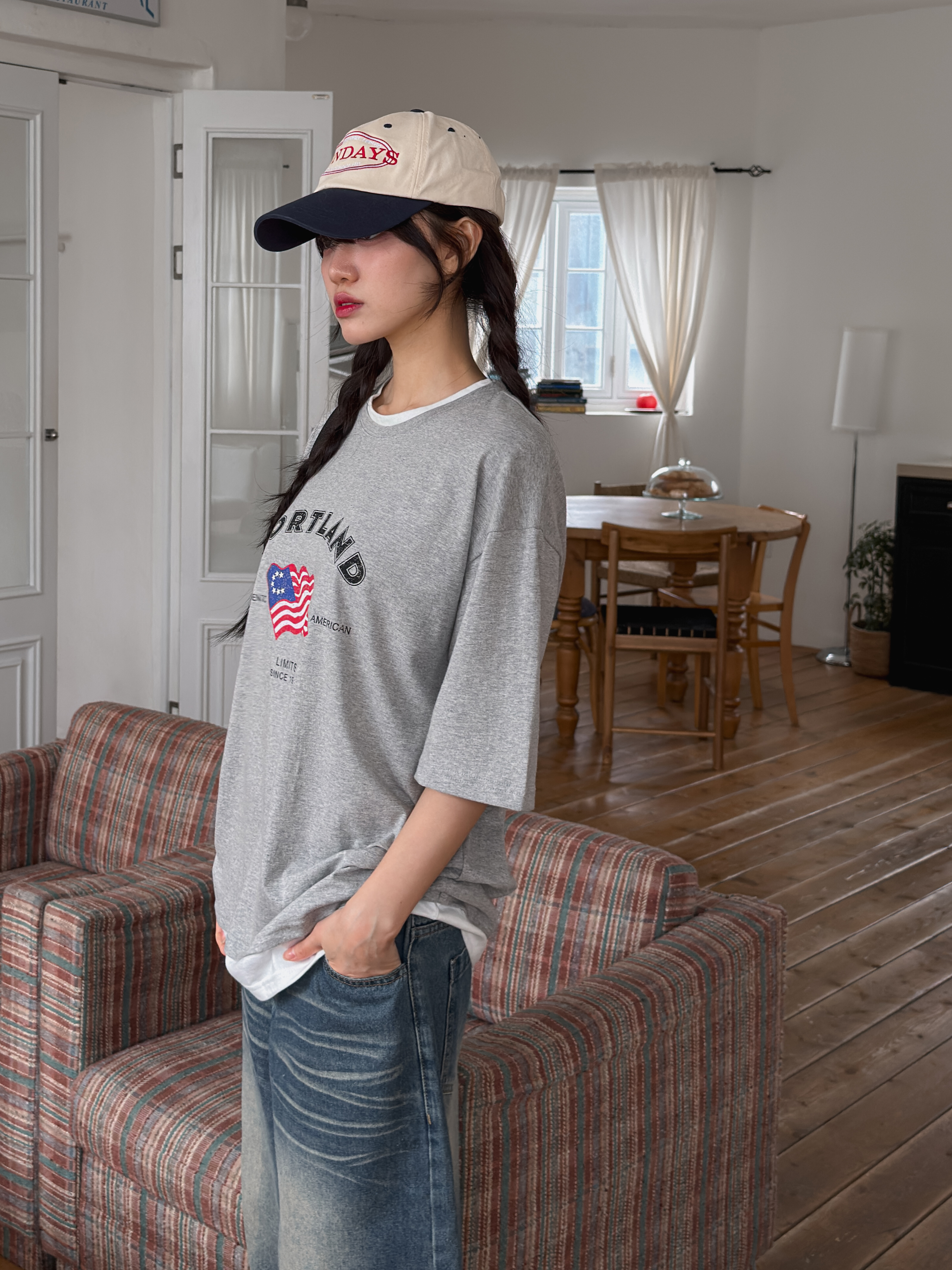 コットンラウンドネックボクシーレイヤード風半袖プリントTシャツ | 詳細画像6