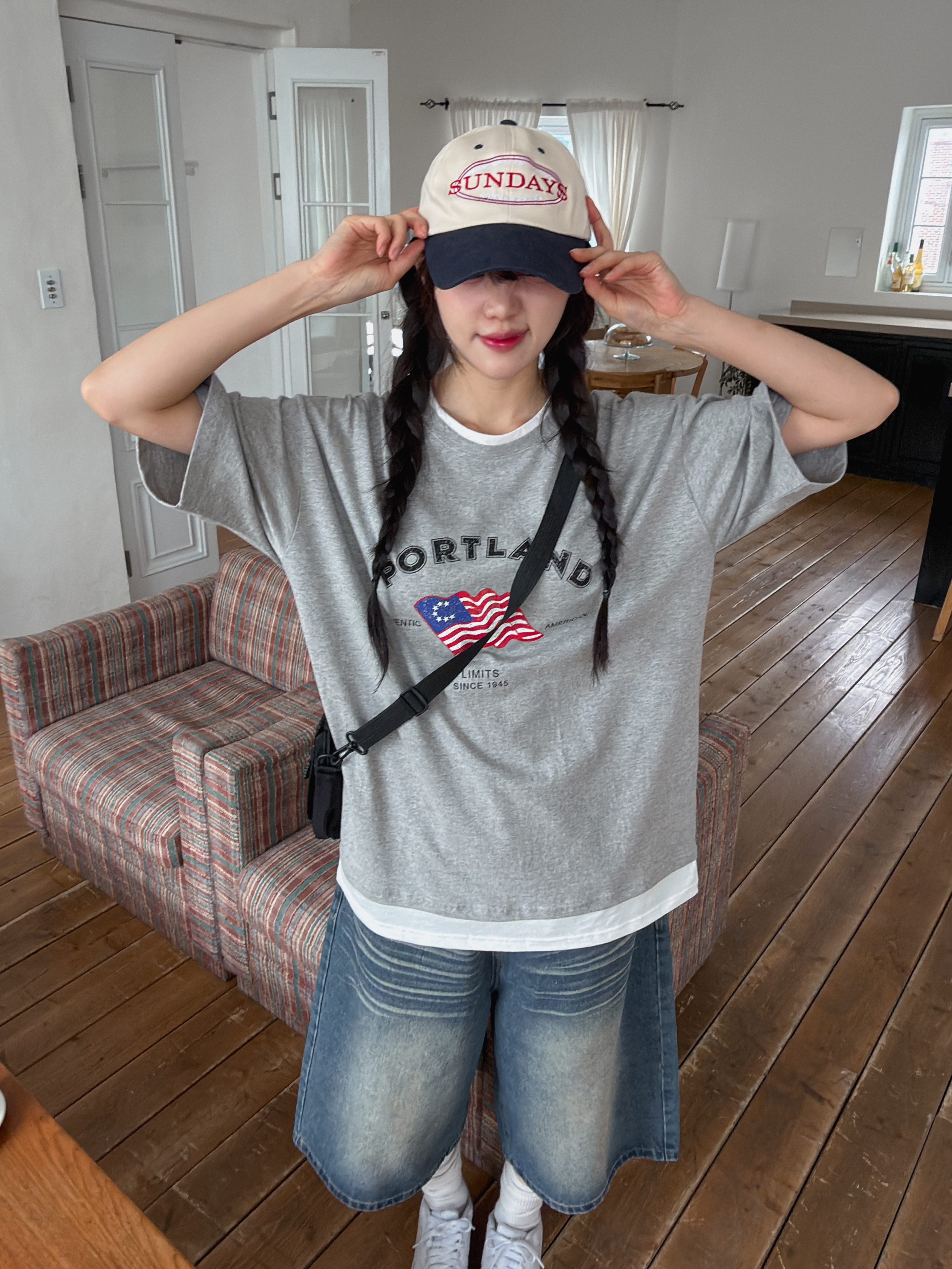 コットンラウンドネックボクシーレイヤード風半袖プリントTシャツ | 詳細画像3