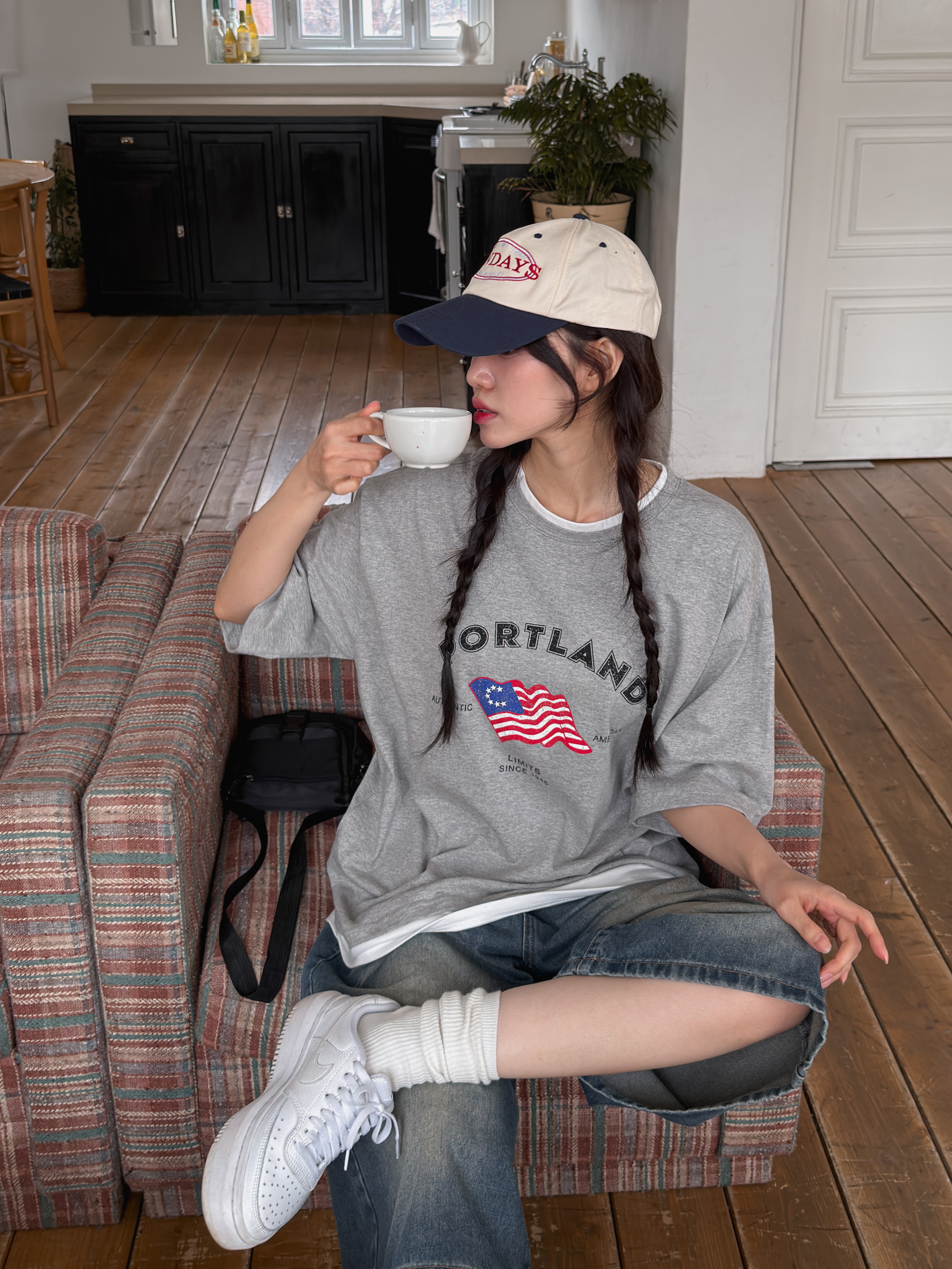 コットンラウンドネックボクシーレイヤード風半袖プリントTシャツ | 詳細画像5