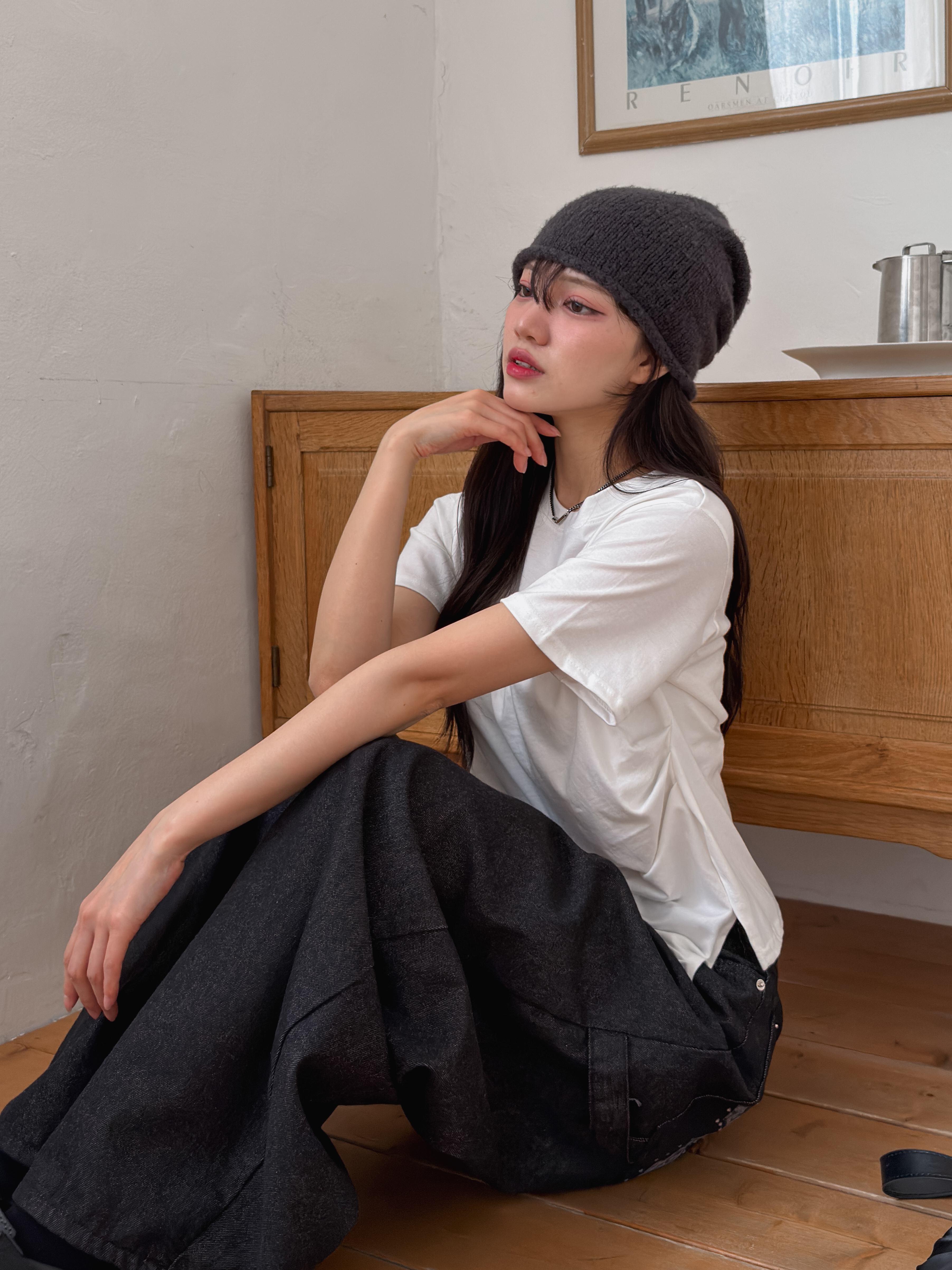 コットンラウンドネックシャーリングスリットアンバランス半袖Tシャツ | 詳細画像4