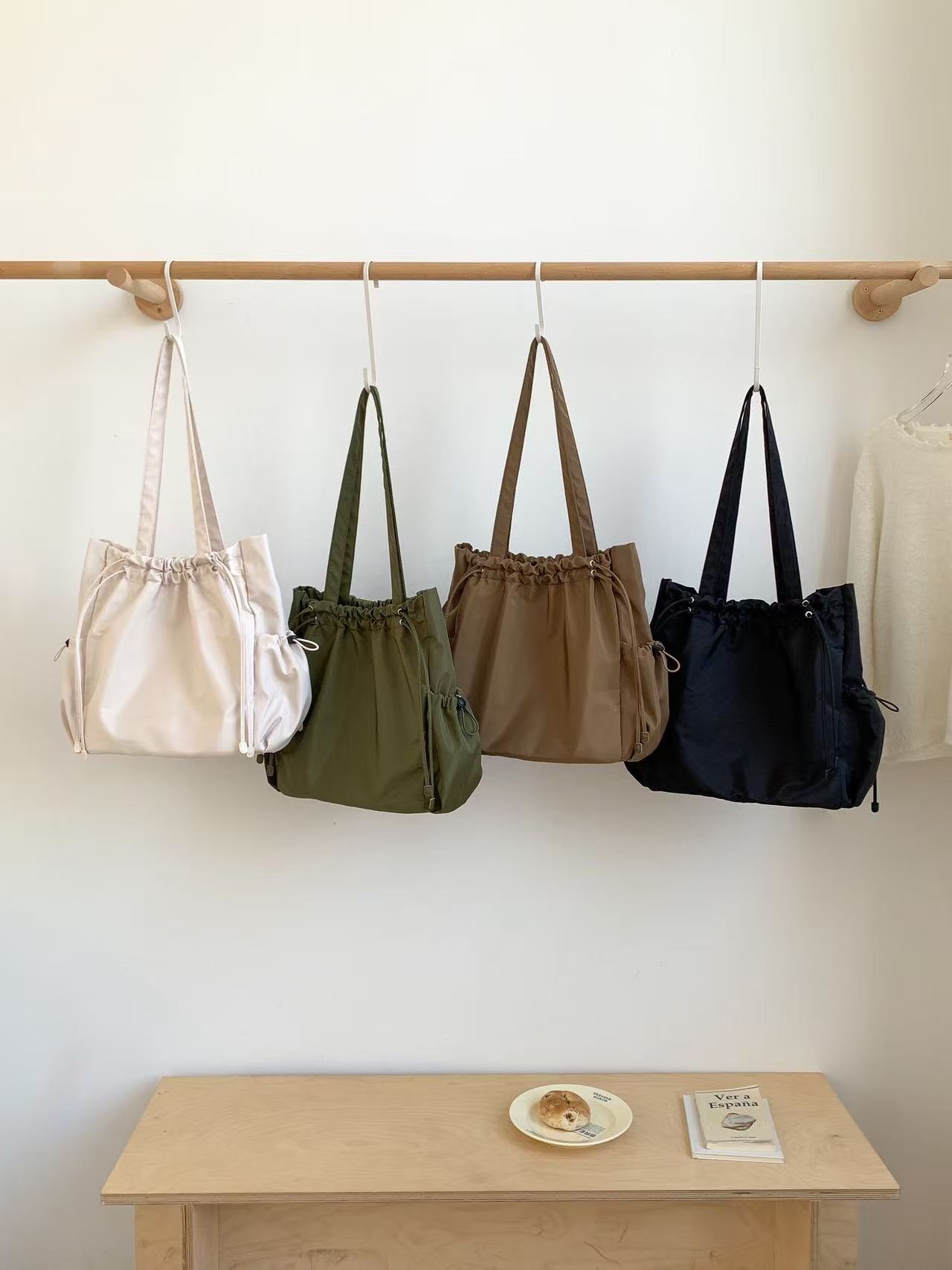 ドローストリングポケットドローコードビッグマグネットボタン無地トートバッグ | 詳細画像9