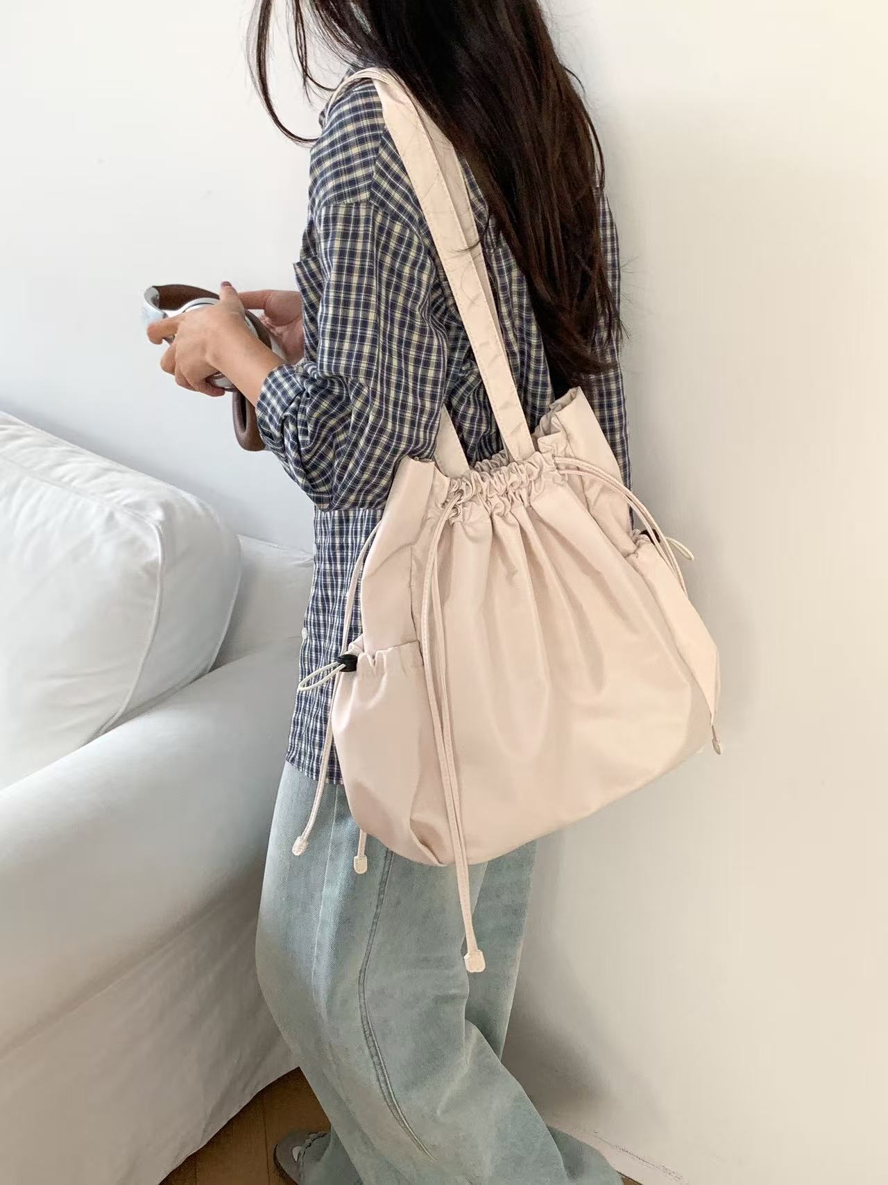 ドローストリングポケットドローコードビッグマグネットボタン無地トートバッグ | 詳細画像2