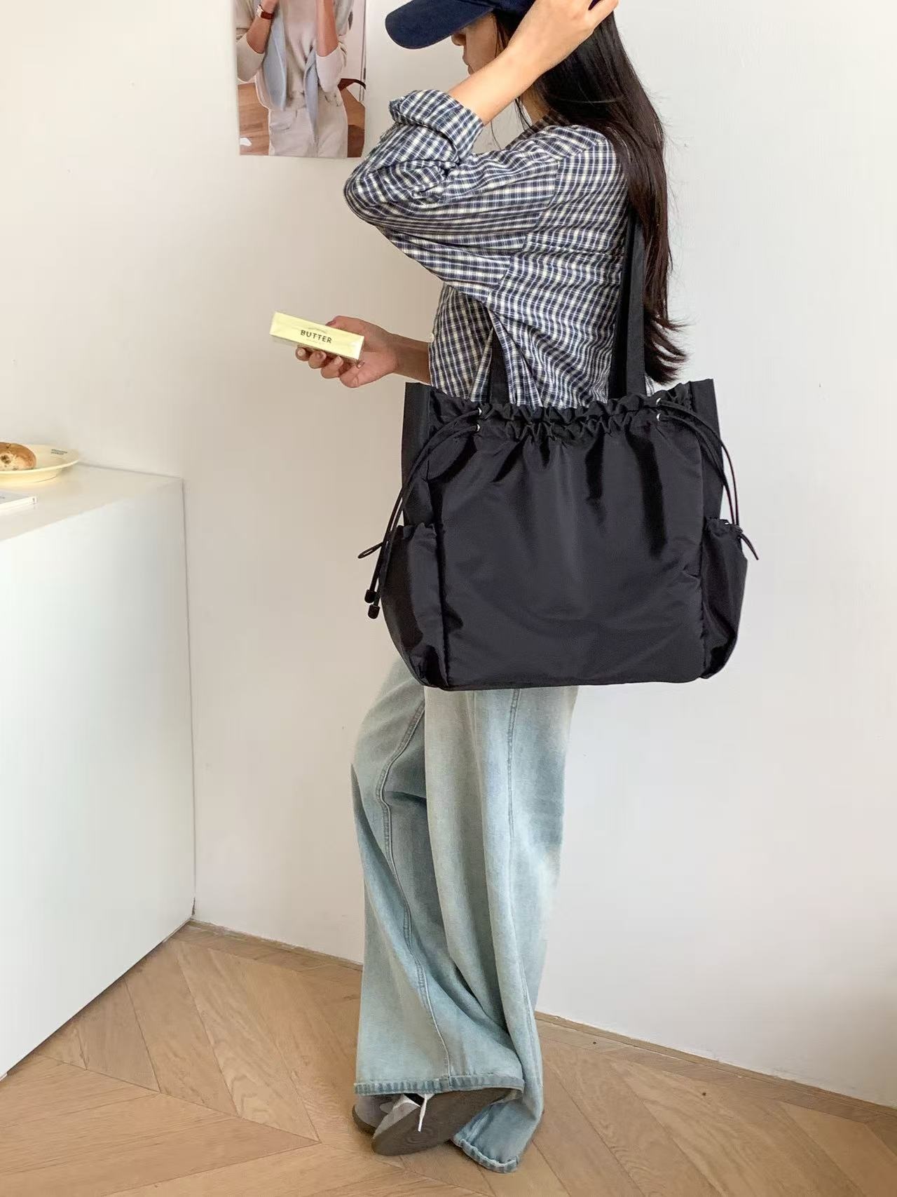 ドローストリングポケットドローコードビッグマグネットボタン無地トートバッグ | 詳細画像5