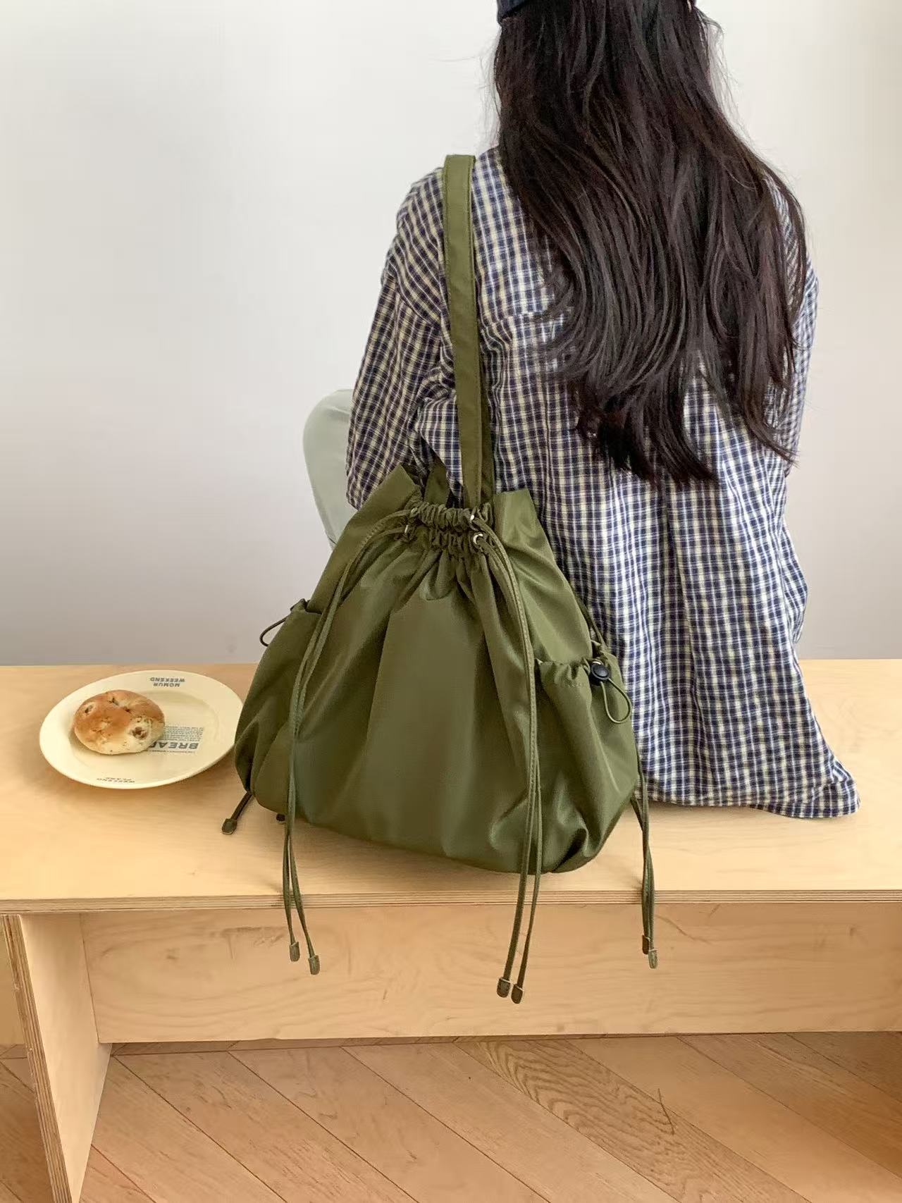 ドローストリングポケットドローコードビッグマグネットボタン無地トートバッグ | 詳細画像8