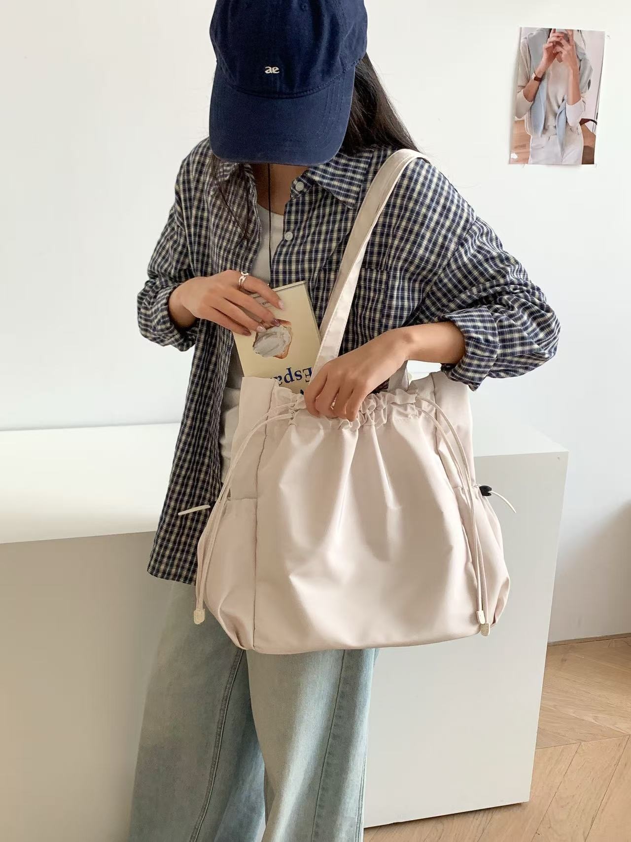 ドローストリングポケットドローコードビッグマグネットボタン無地トートバッグ | 詳細画像3