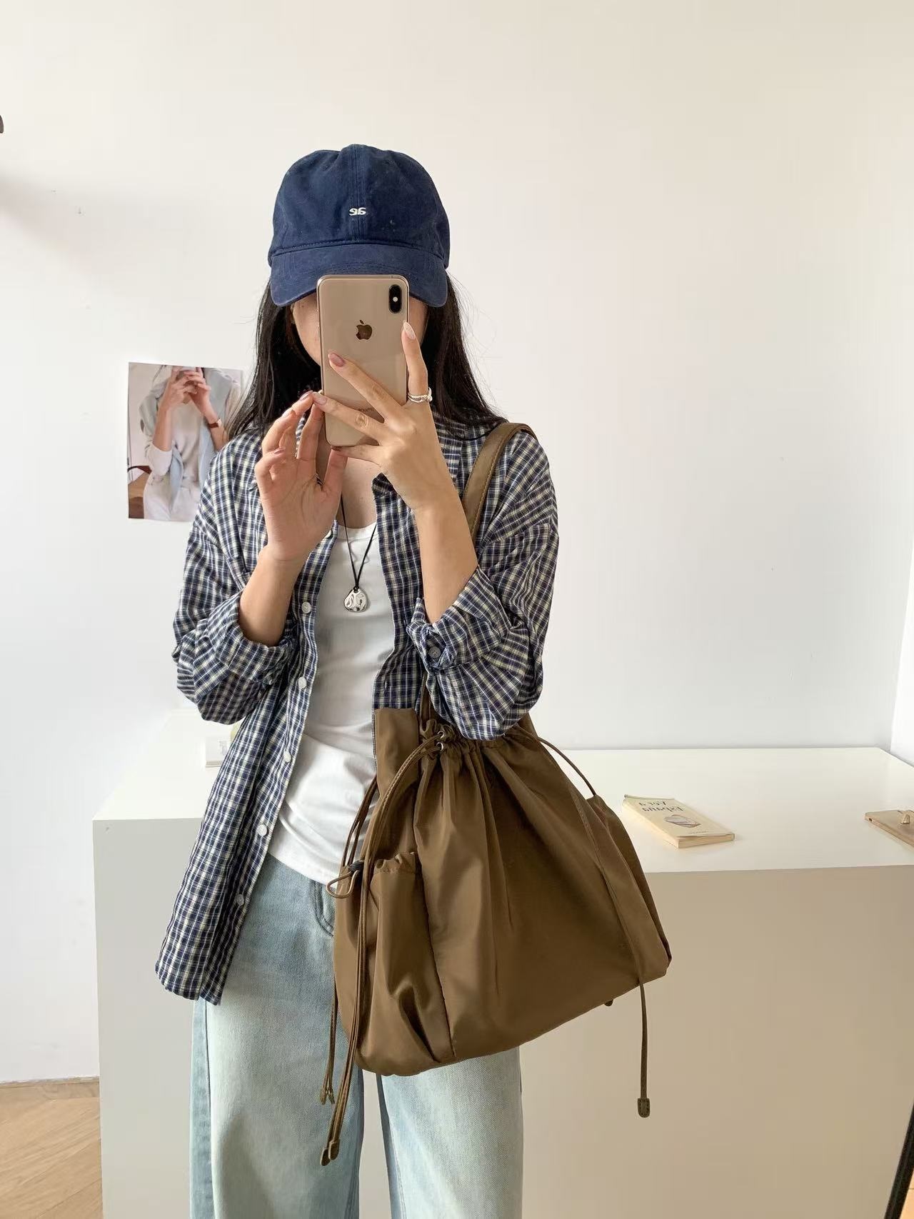 ドローストリングポケットドローコードビッグマグネットボタン無地トートバッグ | 詳細画像6