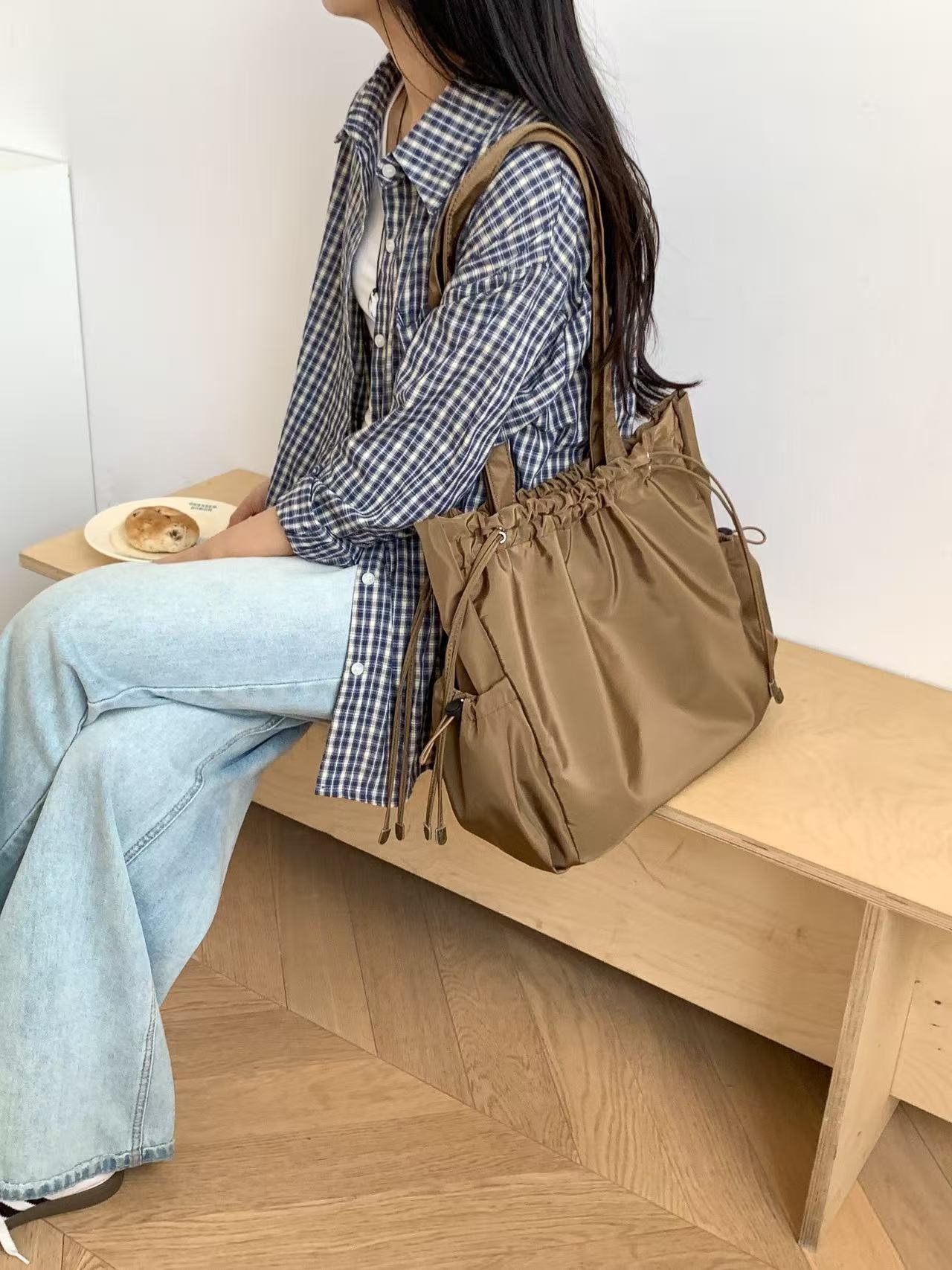 ドローストリングポケットドローコードビッグマグネットボタン無地トートバッグ | 詳細画像7