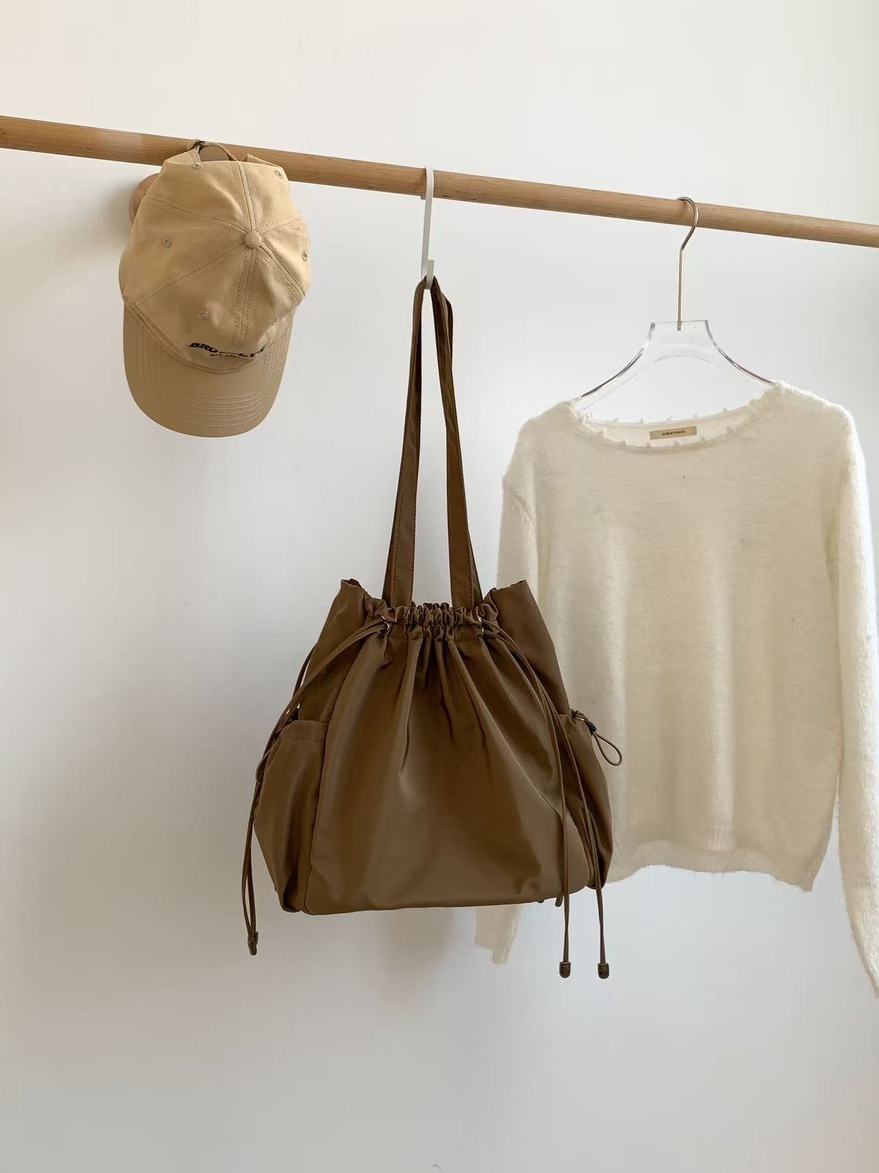 ドローストリングポケットドローコードビッグマグネットボタン無地トートバッグ | 詳細画像10