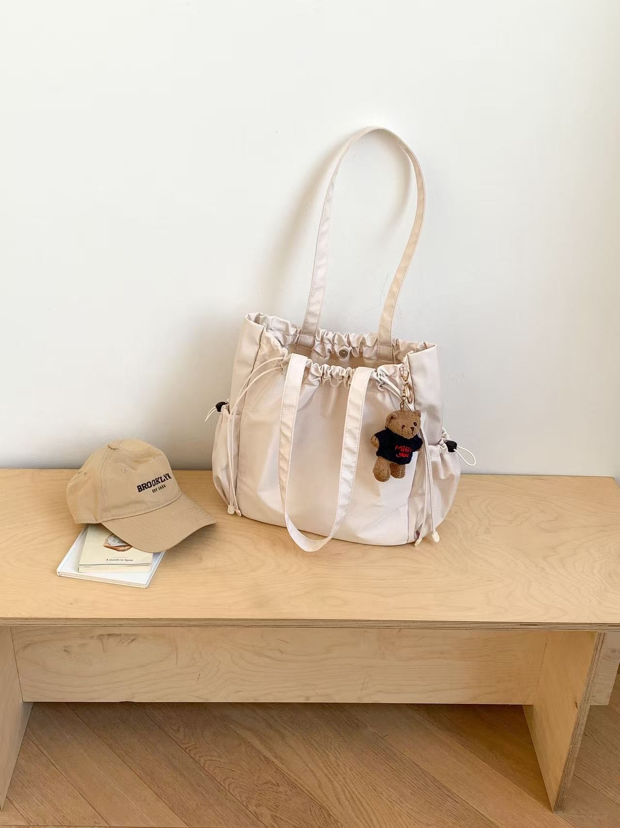 ドローストリングポケットドローコードビッグマグネットボタン無地トートバッグ | 詳細画像11