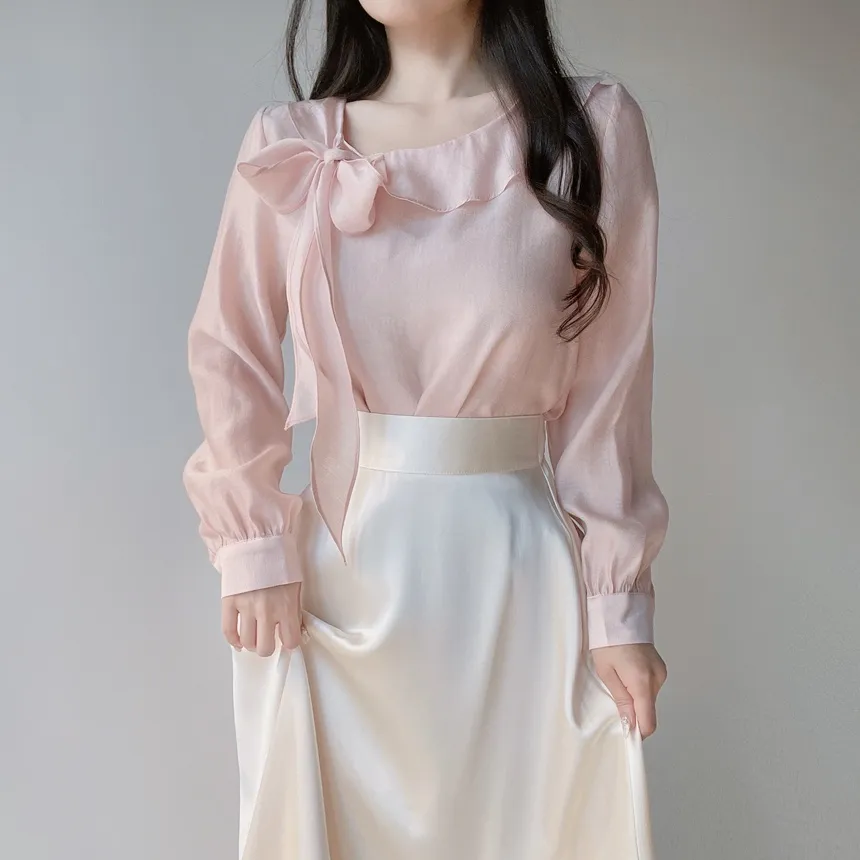 オーガンジーリボン長袖ラッフルブラウス | mirangmirang | 詳細画像2