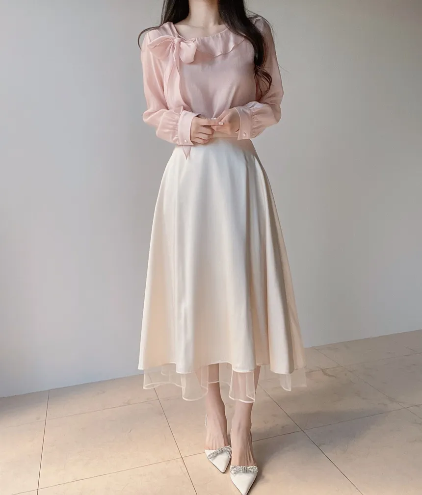 オーガンジーリボン長袖ラッフルブラウス | mirangmirang | 詳細画像4