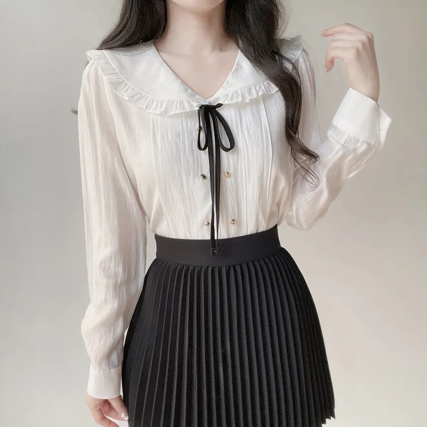 フリルセーラーカラー長袖フェイクボタンVネックリボンブラウスストラップ付 | mirangmirang | 詳細画像2