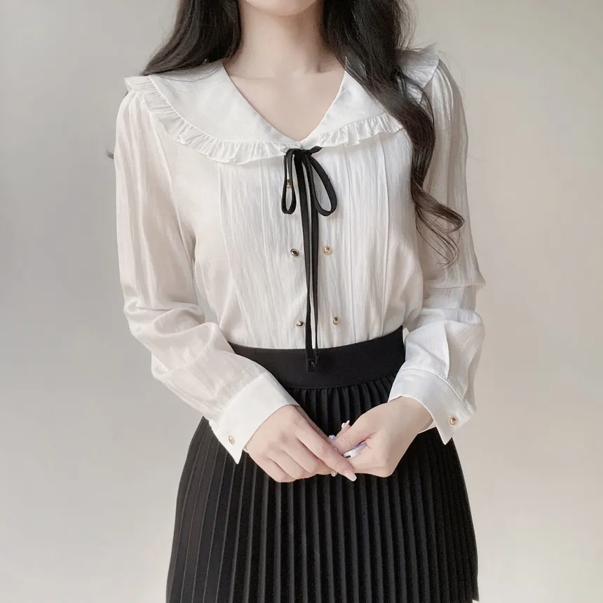 フリルセーラーカラー長袖フェイクボタンVネックリボンブラウスストラップ付 | mirangmirang | 詳細画像3
