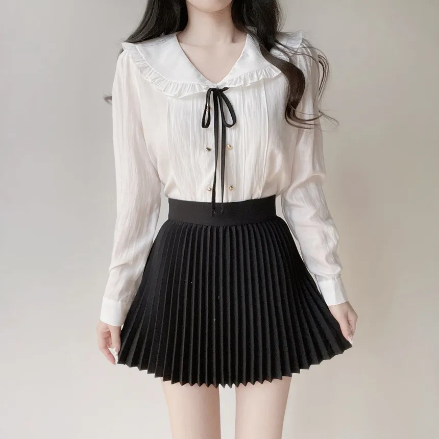 フリルセーラーカラー長袖フェイクボタンVネックリボンブラウスストラップ付 | mirangmirang | 詳細画像4