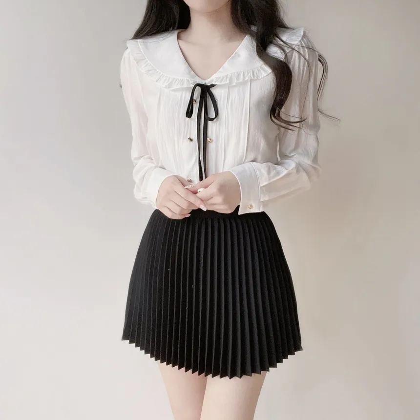 フリルセーラーカラー長袖フェイクボタンVネックリボンブラウスストラップ付 | mirangmirang | 詳細画像6