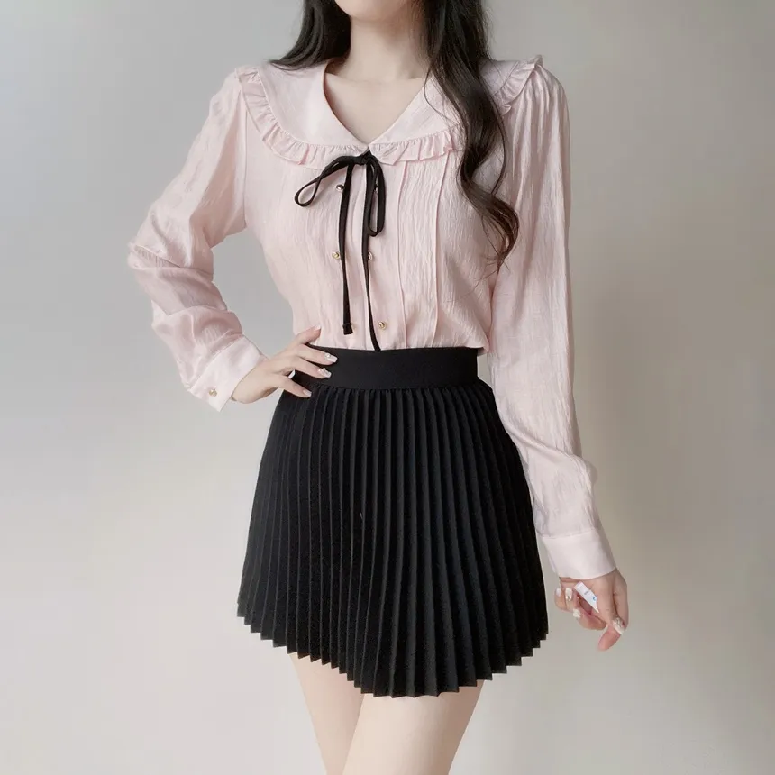 フリルセーラーカラー長袖フェイクボタンVネックリボンブラウスストラップ付 | mirangmirang | 詳細画像7