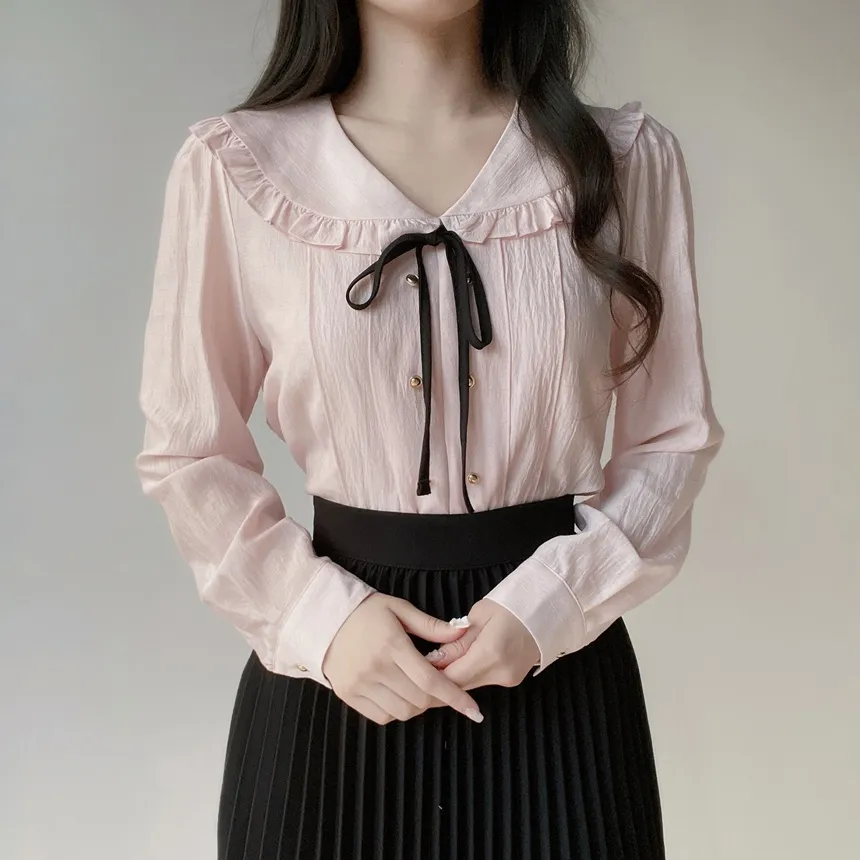 フリルセーラーカラー長袖フェイクボタンVネックリボンブラウスストラップ付 | mirangmirang | 詳細画像8