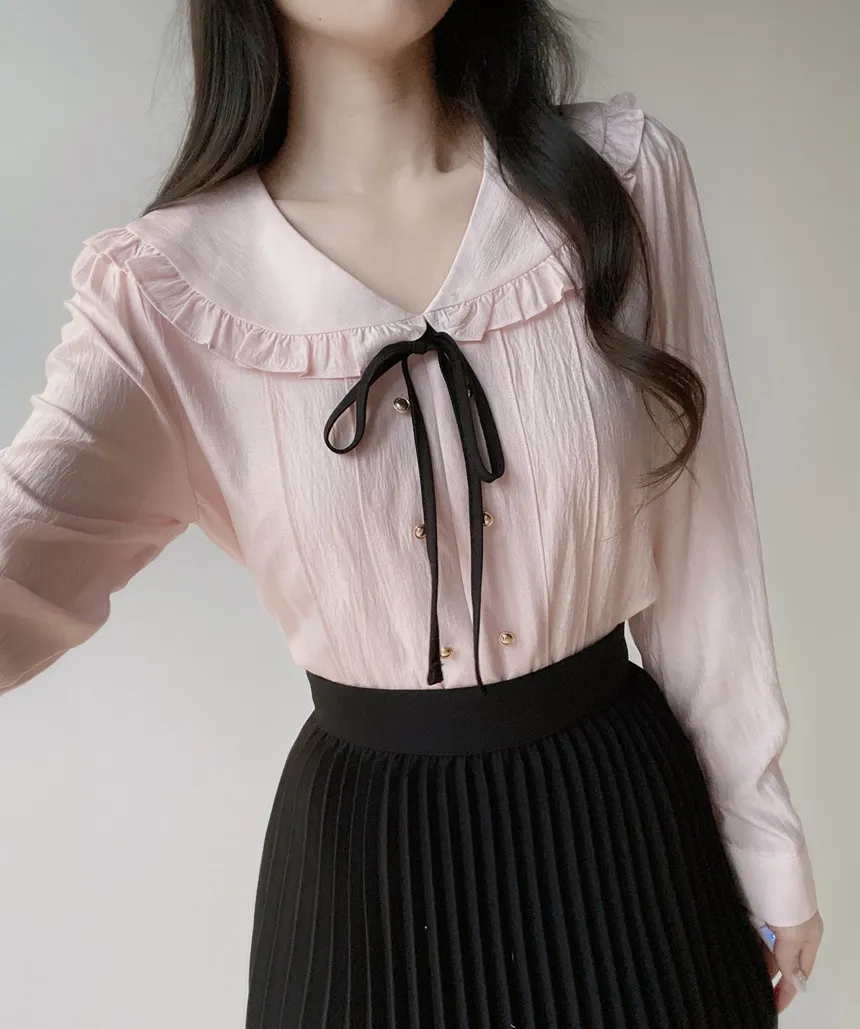 フリルセーラーカラー長袖フェイクボタンVネックリボンブラウスストラップ付 | mirangmirang | 詳細画像9