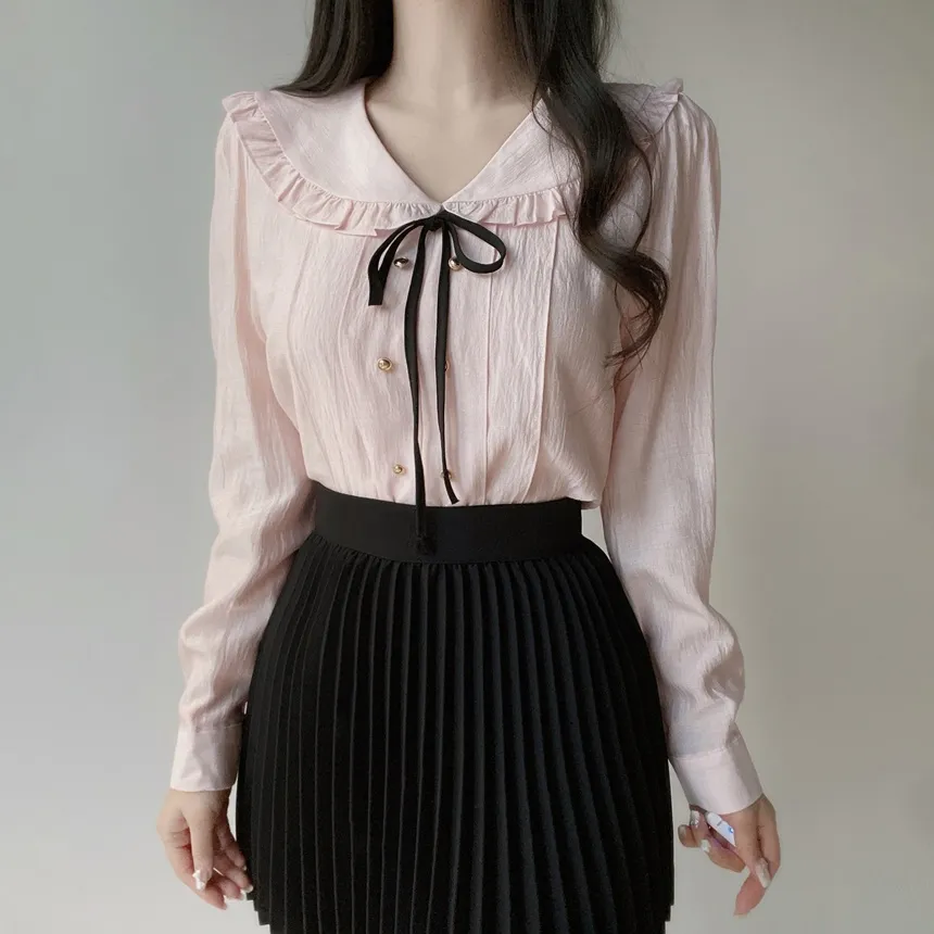 フリルセーラーカラー長袖フェイクボタンVネックリボンブラウスストラップ付 | mirangmirang | 詳細画像10