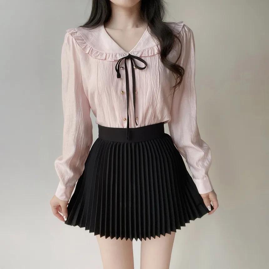 フリルセーラーカラー長袖フェイクボタンVネックリボンブラウスストラップ付 | mirangmirang | 詳細画像11