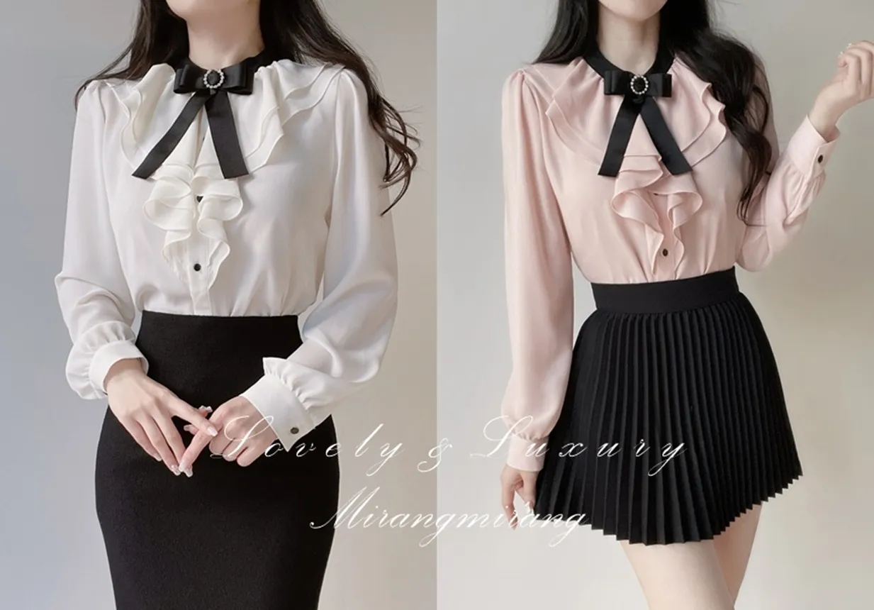 ラッフルボタン長袖配色ブラウスブローチ付 | mirangmirang | 詳細画像1