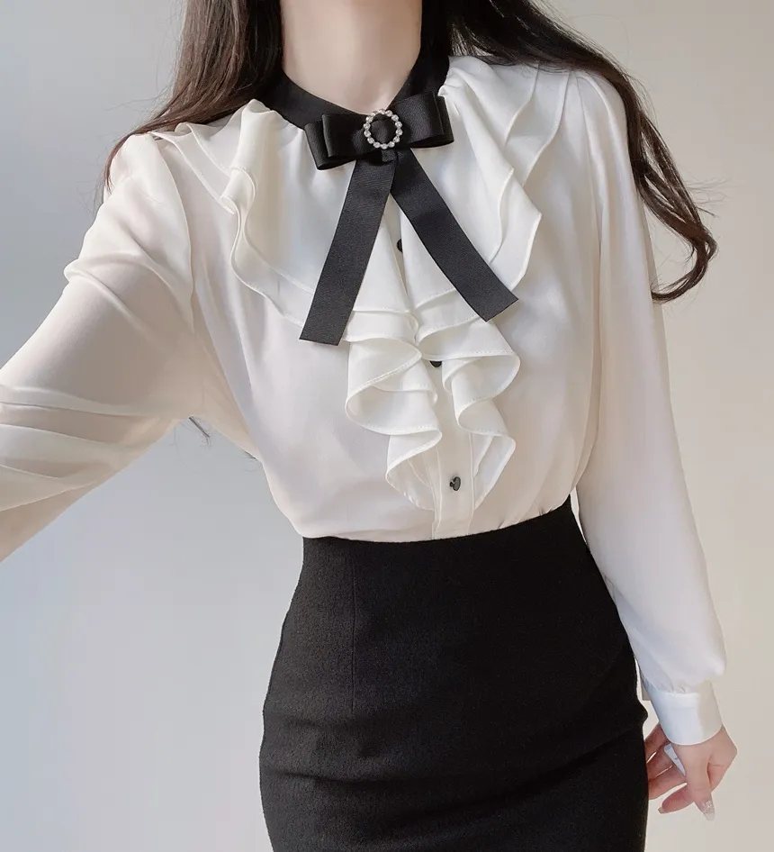 ラッフルボタン長袖配色ブラウスブローチ付 | mirangmirang | 詳細画像3