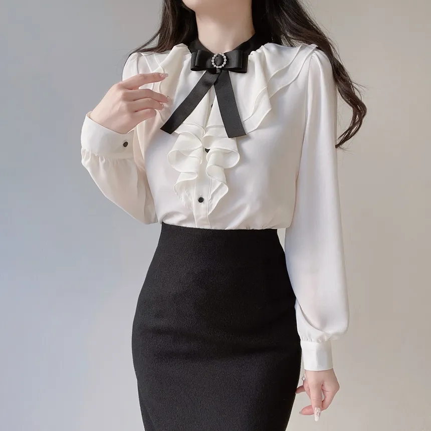 ラッフルボタン長袖配色ブラウスブローチ付 | mirangmirang | 詳細画像4