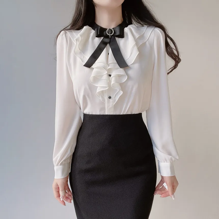 ラッフルボタン長袖配色ブラウスブローチ付 | mirangmirang | 詳細画像5