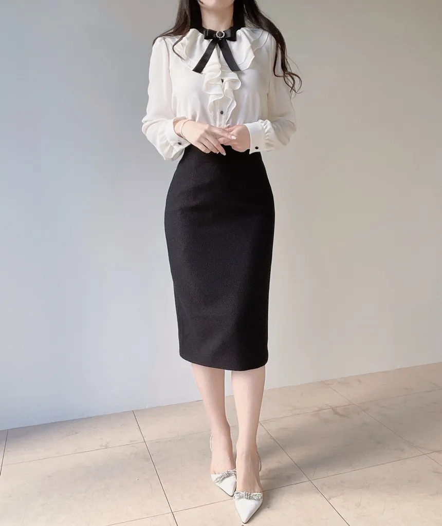 ラッフルボタン長袖配色ブラウスブローチ付 | mirangmirang | 詳細画像6