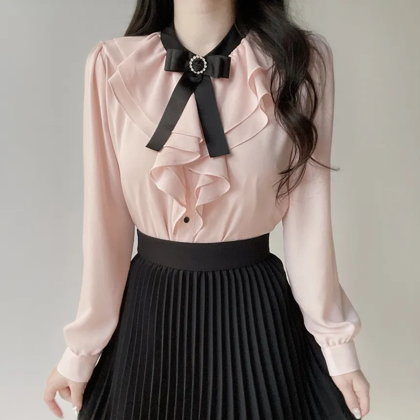 ラッフルボタン長袖配色ブラウスブローチ付 | mirangmirang | 詳細画像9