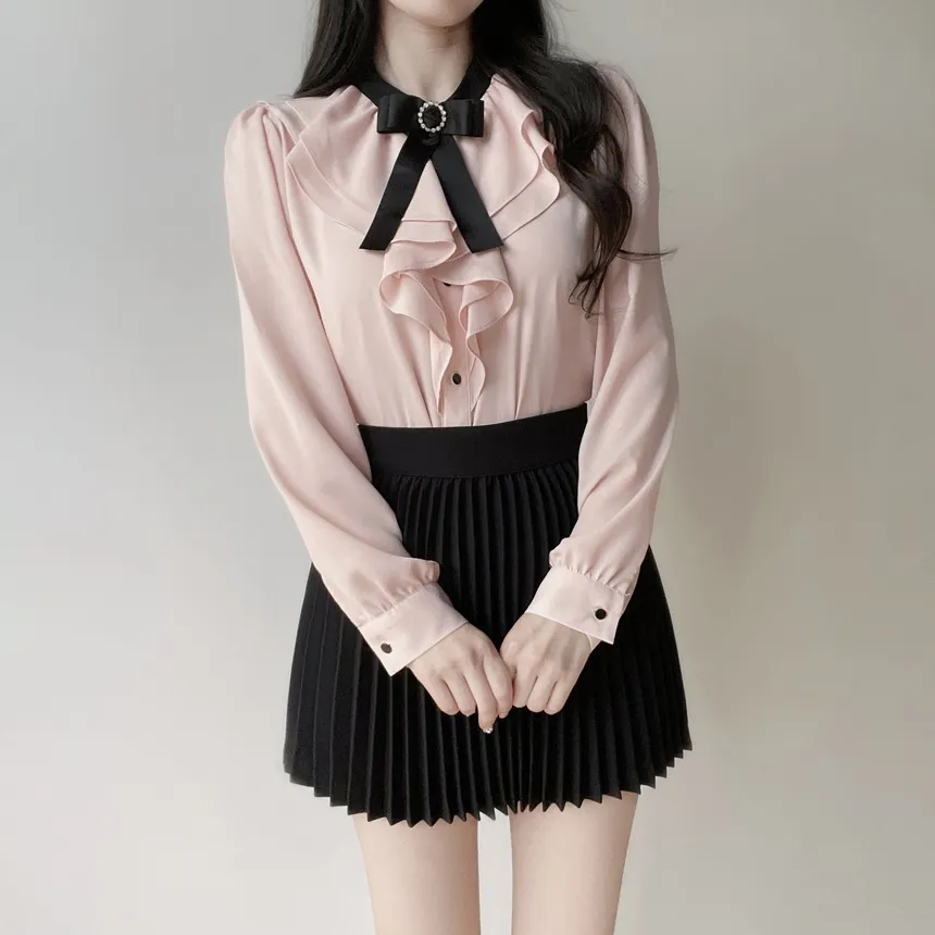 ラッフルボタン長袖配色ブラウスブローチ付 | mirangmirang | 詳細画像11