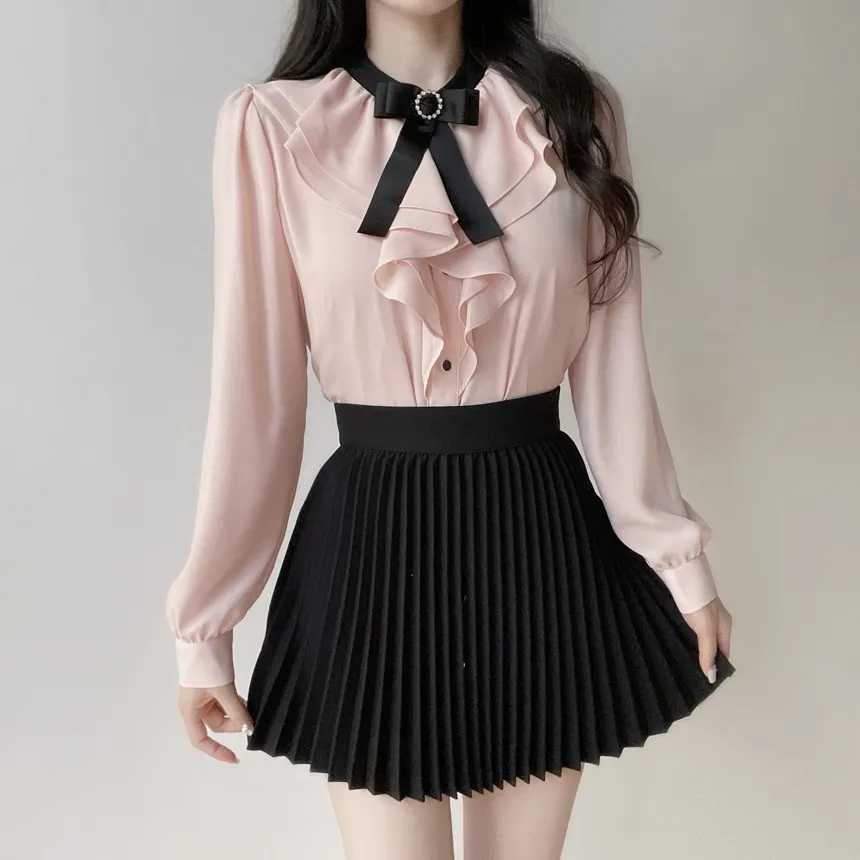 ラッフルボタン長袖配色ブラウスブローチ付 | mirangmirang | 詳細画像14