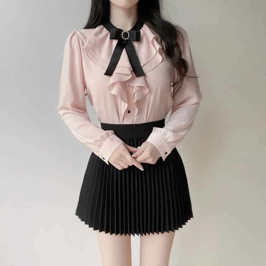 ラッフルボタン長袖配色ブラウスブローチ付 | mirangmirang | 詳細画像15