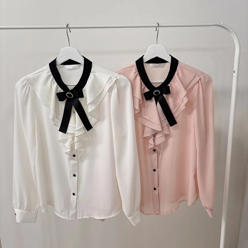 ラッフルボタン長袖配色ブラウスブローチ付 | mirangmirang | 詳細画像16