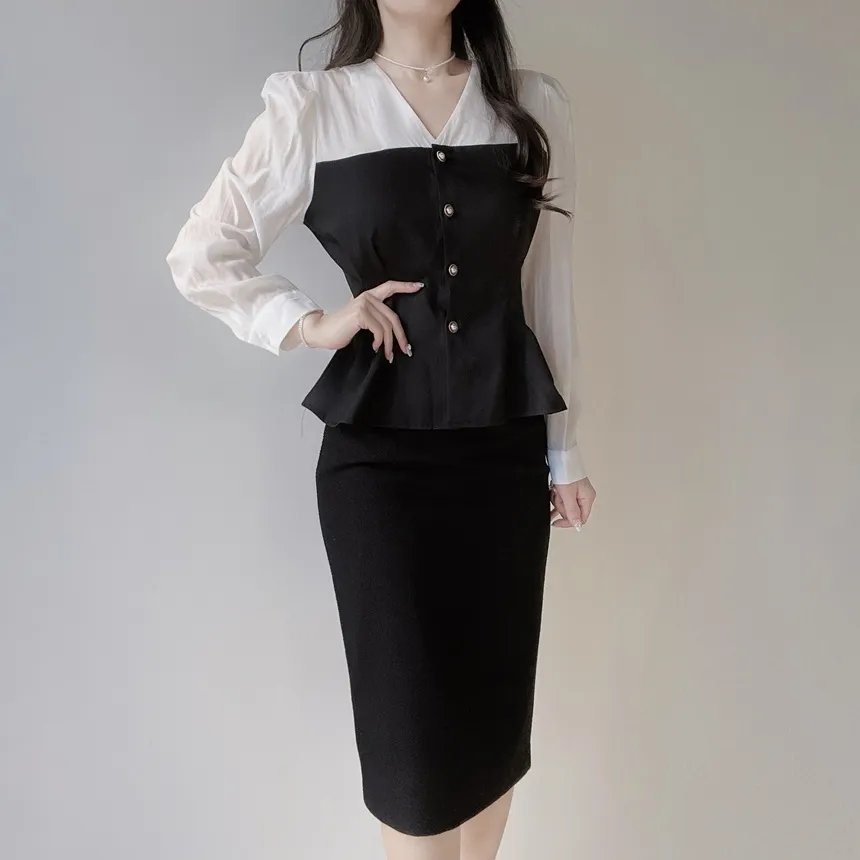 コンビVネックレイヤード風パフスリーブ長袖ペプラムパール調ボタンブラウス | mirangmirang | 詳細画像6