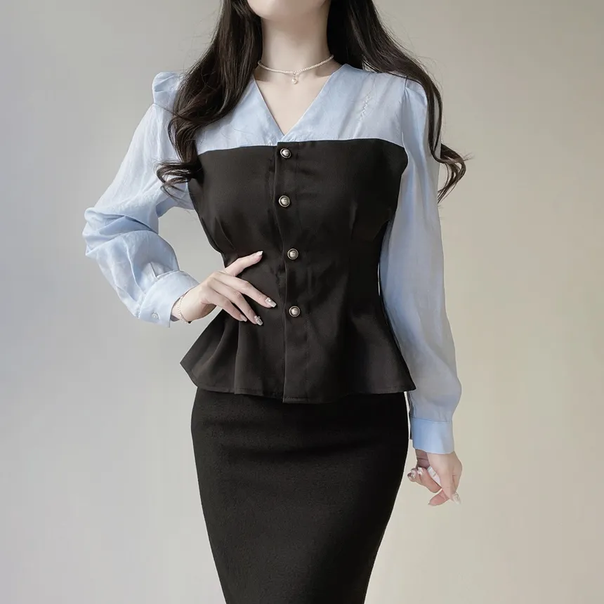 コンビVネックレイヤード風パフスリーブ長袖ペプラムパール調ボタンブラウス | mirangmirang | 詳細画像16