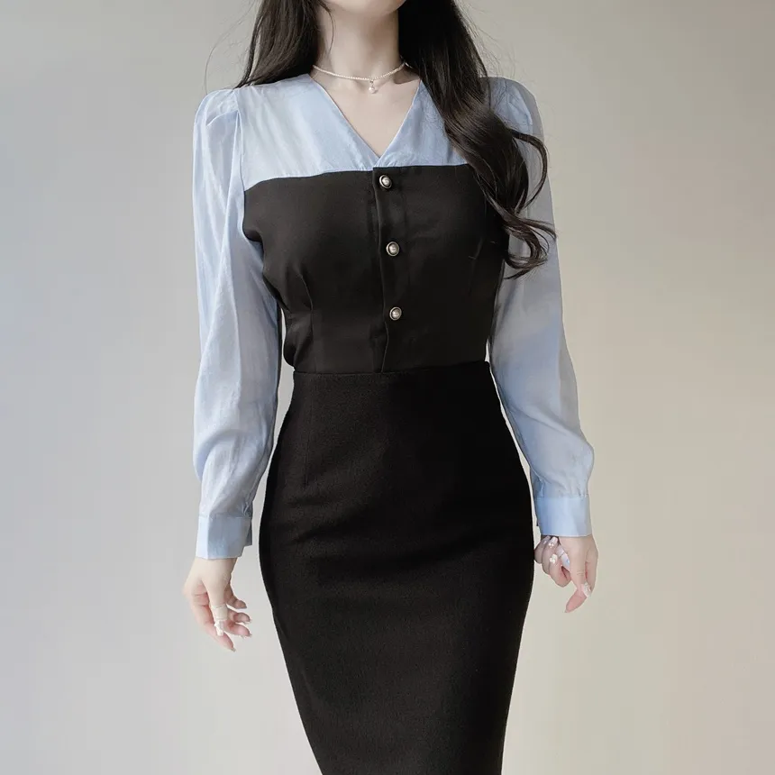 コンビVネックレイヤード風パフスリーブ長袖ペプラムパール調ボタンブラウス | mirangmirang | 詳細画像21