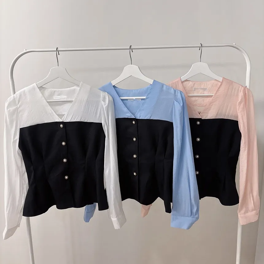 コンビVネックレイヤード風パフスリーブ長袖ペプラムパール調ボタンブラウス | mirangmirang | 詳細画像28