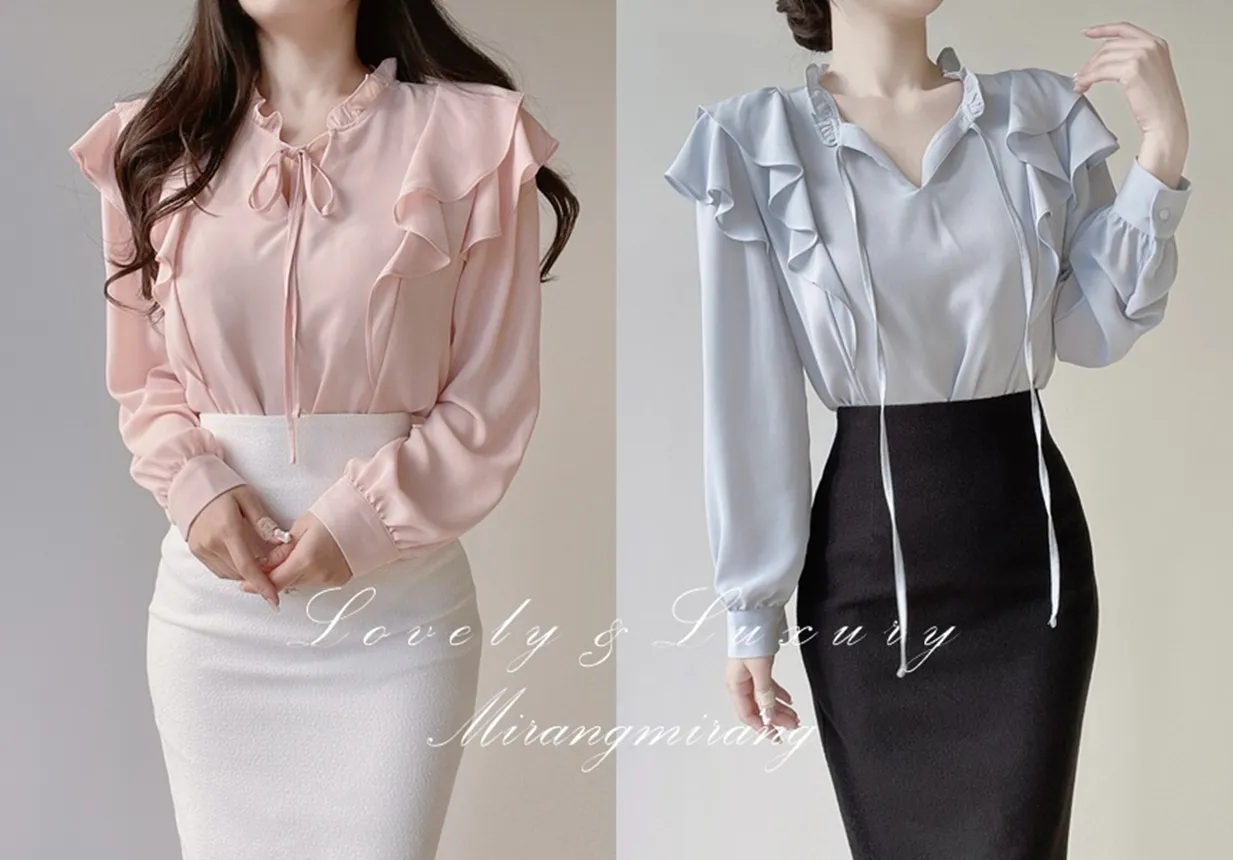 フリル ネックリボンラッフル長袖ブラウス | mirangmirang | 詳細画像1