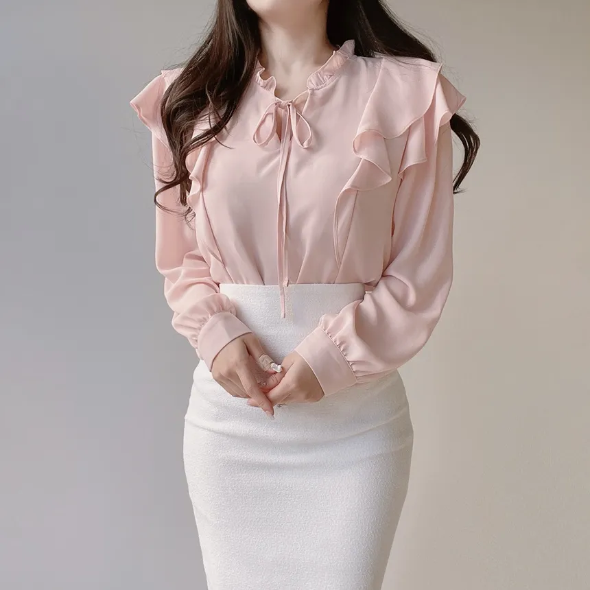 フリル ネックリボンラッフル長袖ブラウス | mirangmirang | 詳細画像2